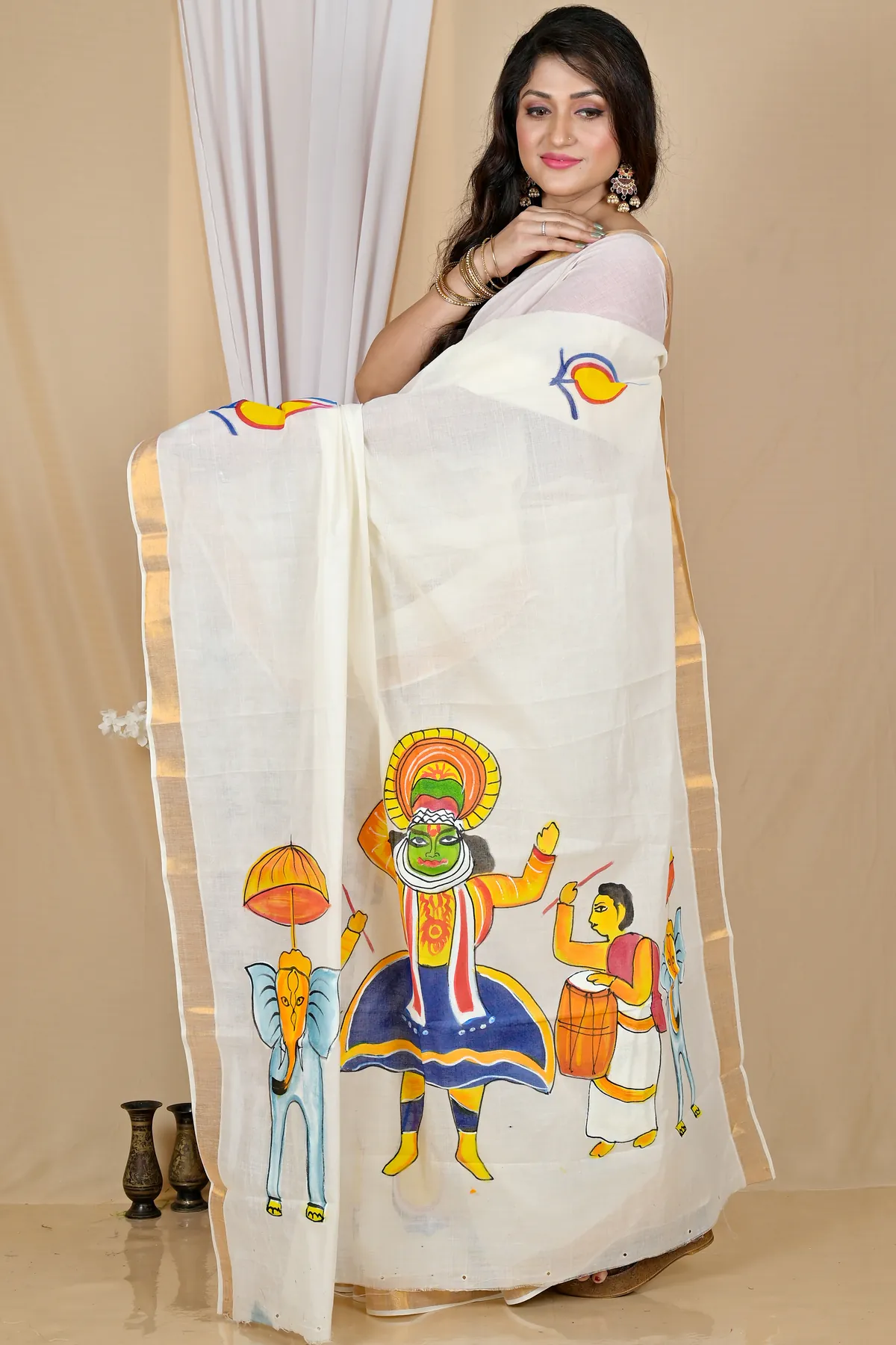 DipDiya Pure Cotton Multi-Coloured Hataka Bengal in Every Threads Hand Painted Sarees