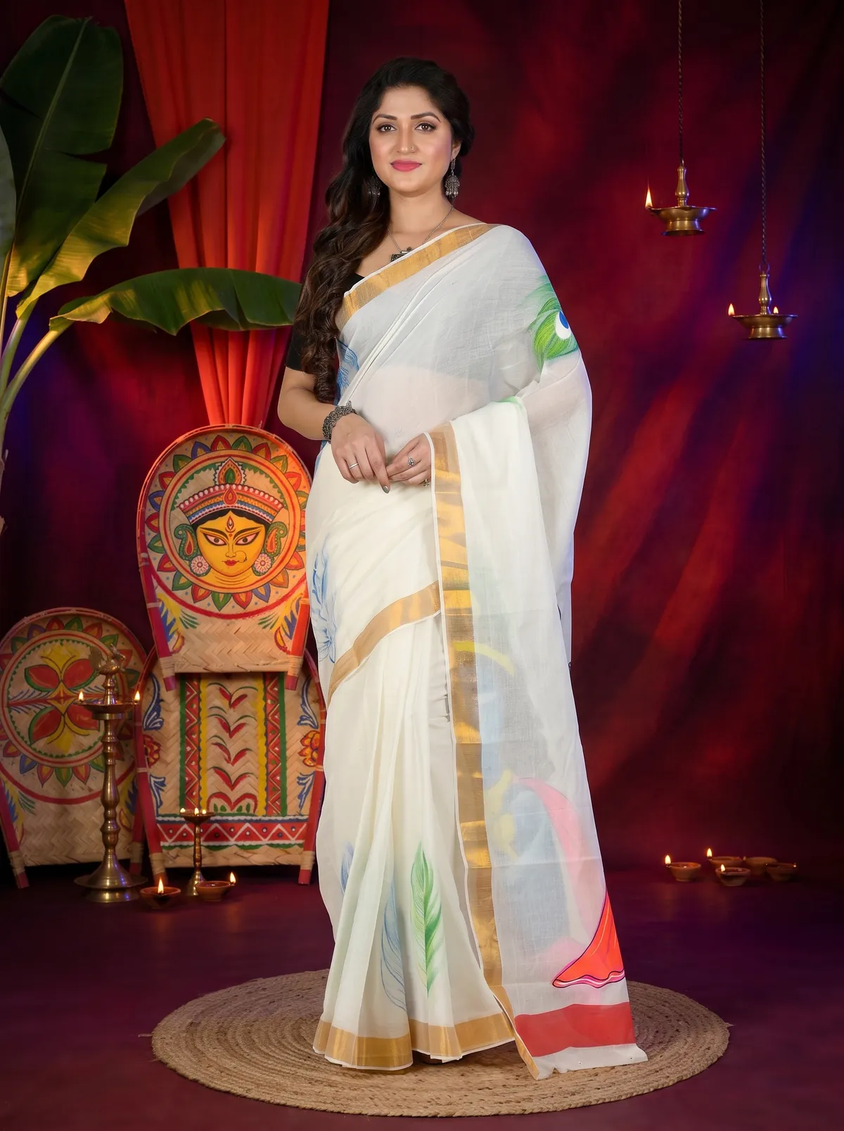 DipDiya Pure Cotton Multi-Coloured Hataka Bengali Heritages Hand Painted Sarees