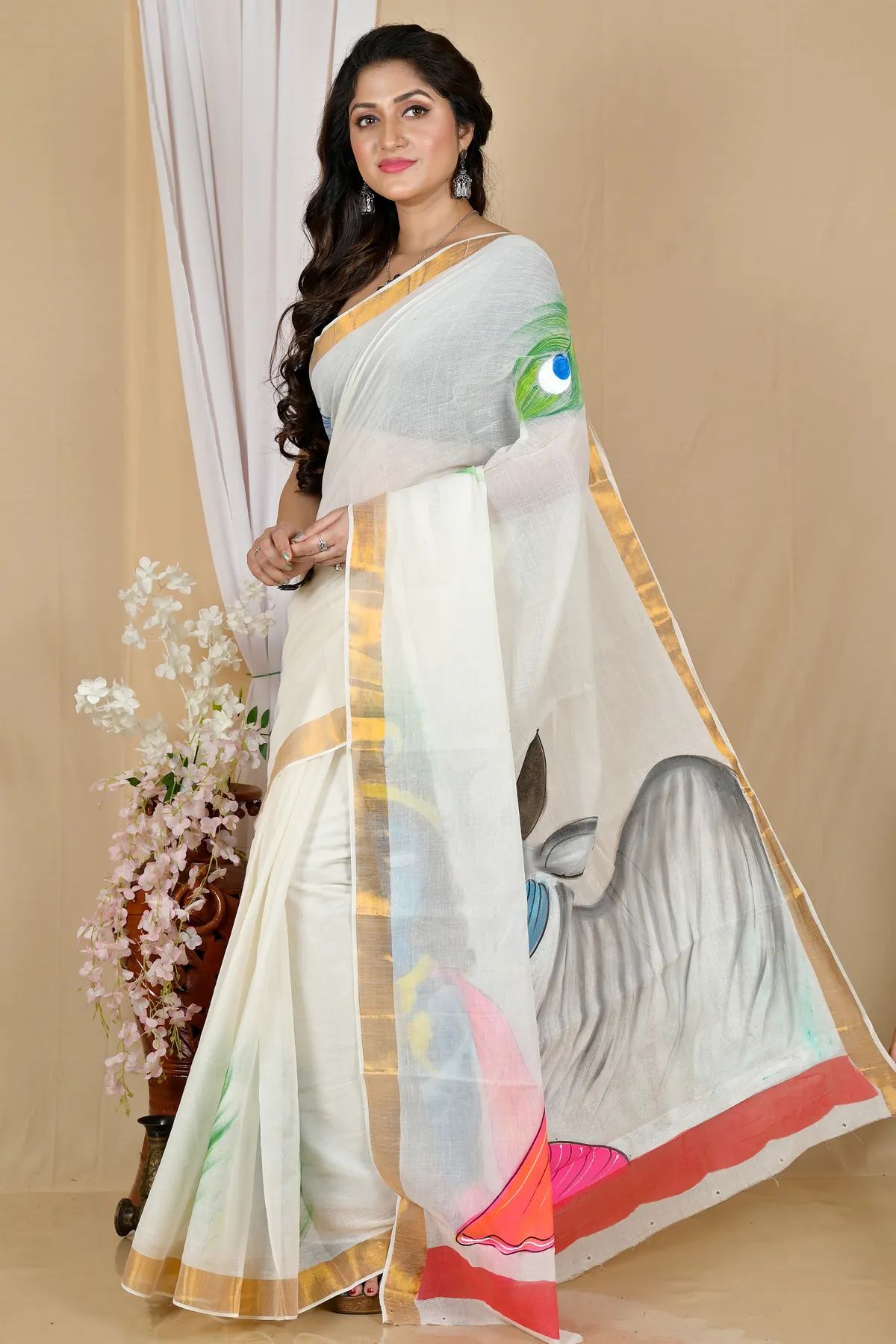 DipDiya Pure Cotton Multi-Coloured Hataka Bengali Heritages Hand Painted Sarees