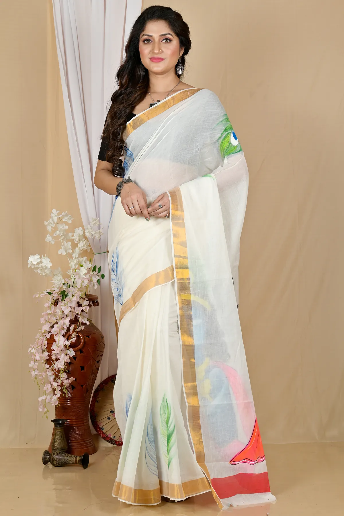 DipDiya Pure Cotton Multi-Coloured Hataka Bengali Heritages Hand Painted Sarees