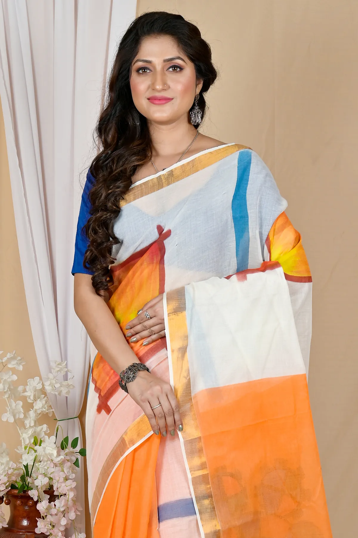 DipDiya Pure Cotton Multi-Coloured Hataka Classic Graces Hand Painted Sarees