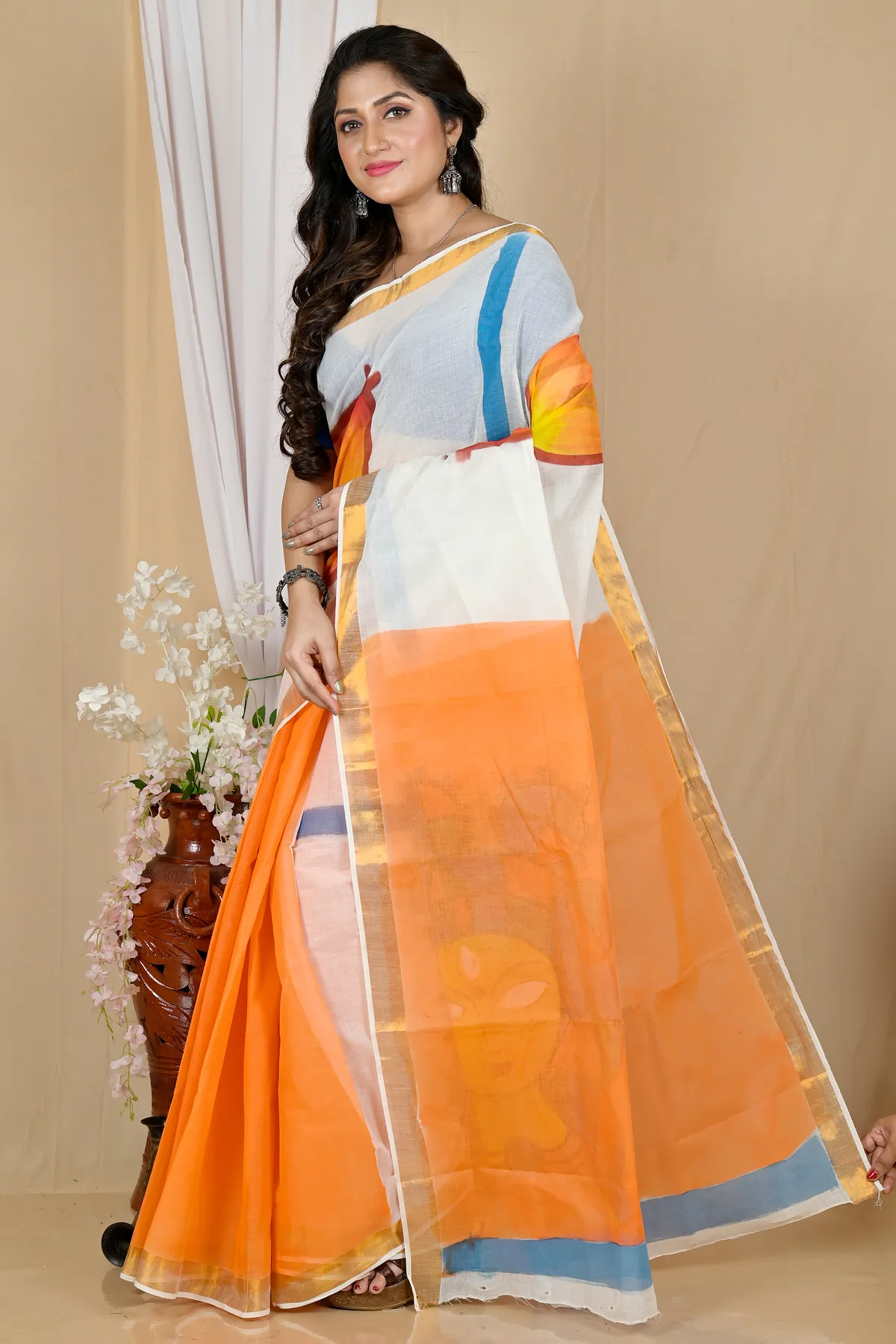 DipDiya Pure Cotton Multi-Coloured Hataka Classic Graces Hand Painted Sarees