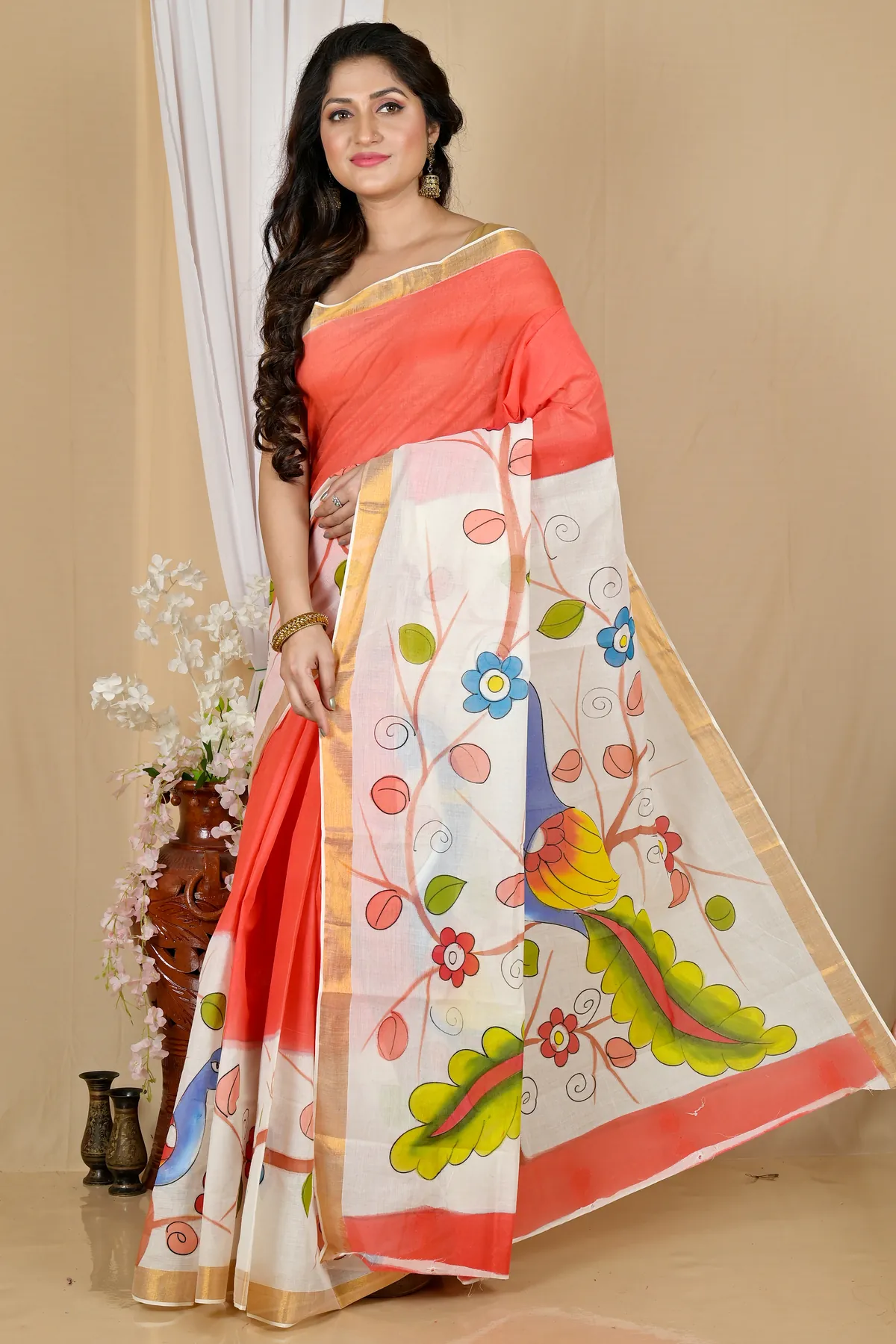 DipDiya Pure Cotton Multi-Coloured Hataka Crafted by Artisanss Hand Painted Sarees