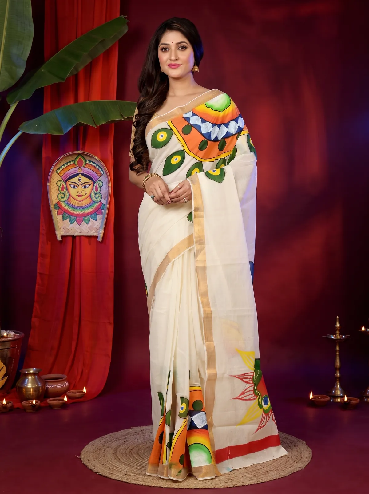 DipDiya Pure Cotton Multi-Coloured Hataka Crafted in Bengal Hand Painted Sarees