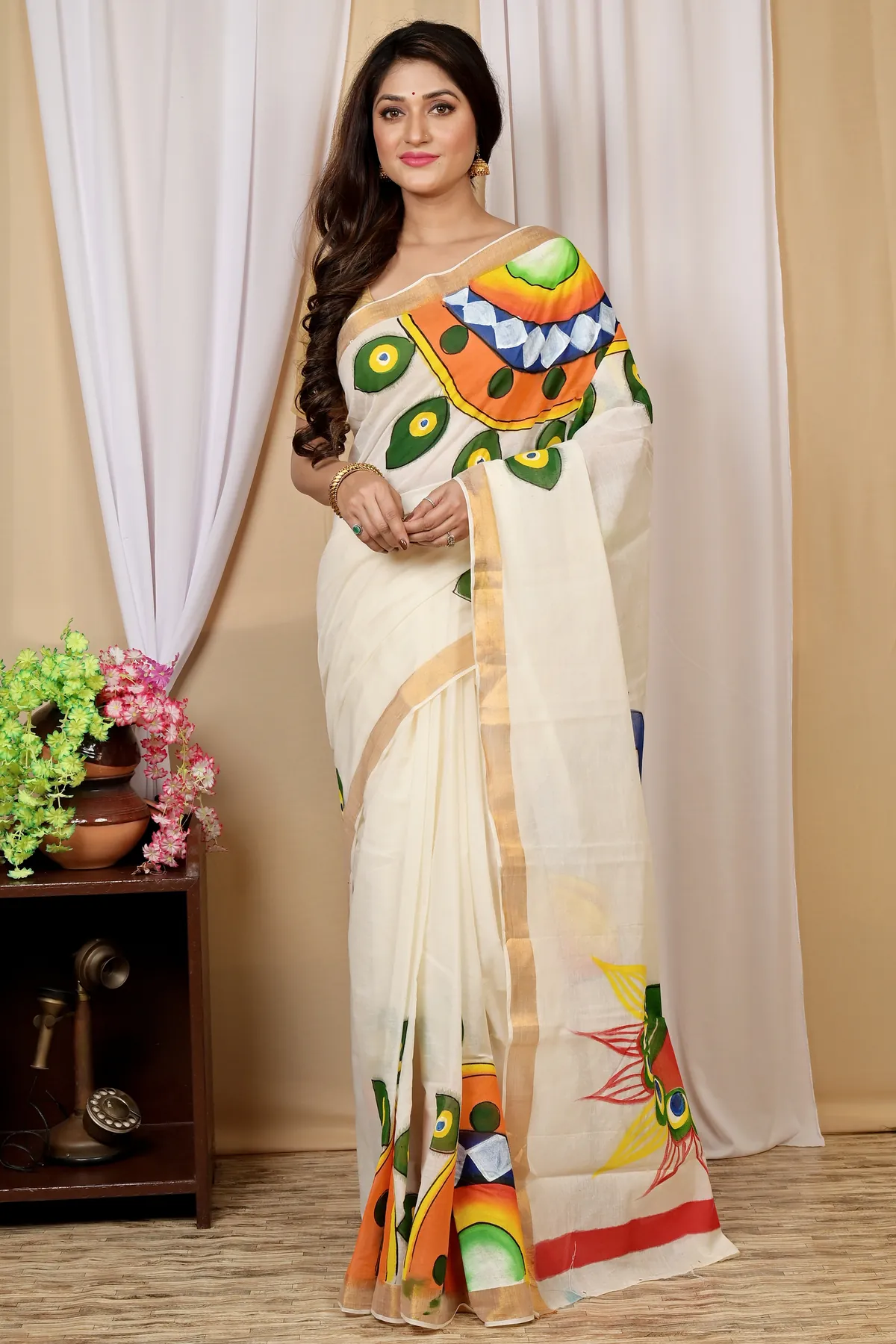 DipDiya Pure Cotton Multi-Coloured Hataka Crafted in Bengal Hand Painted Sarees