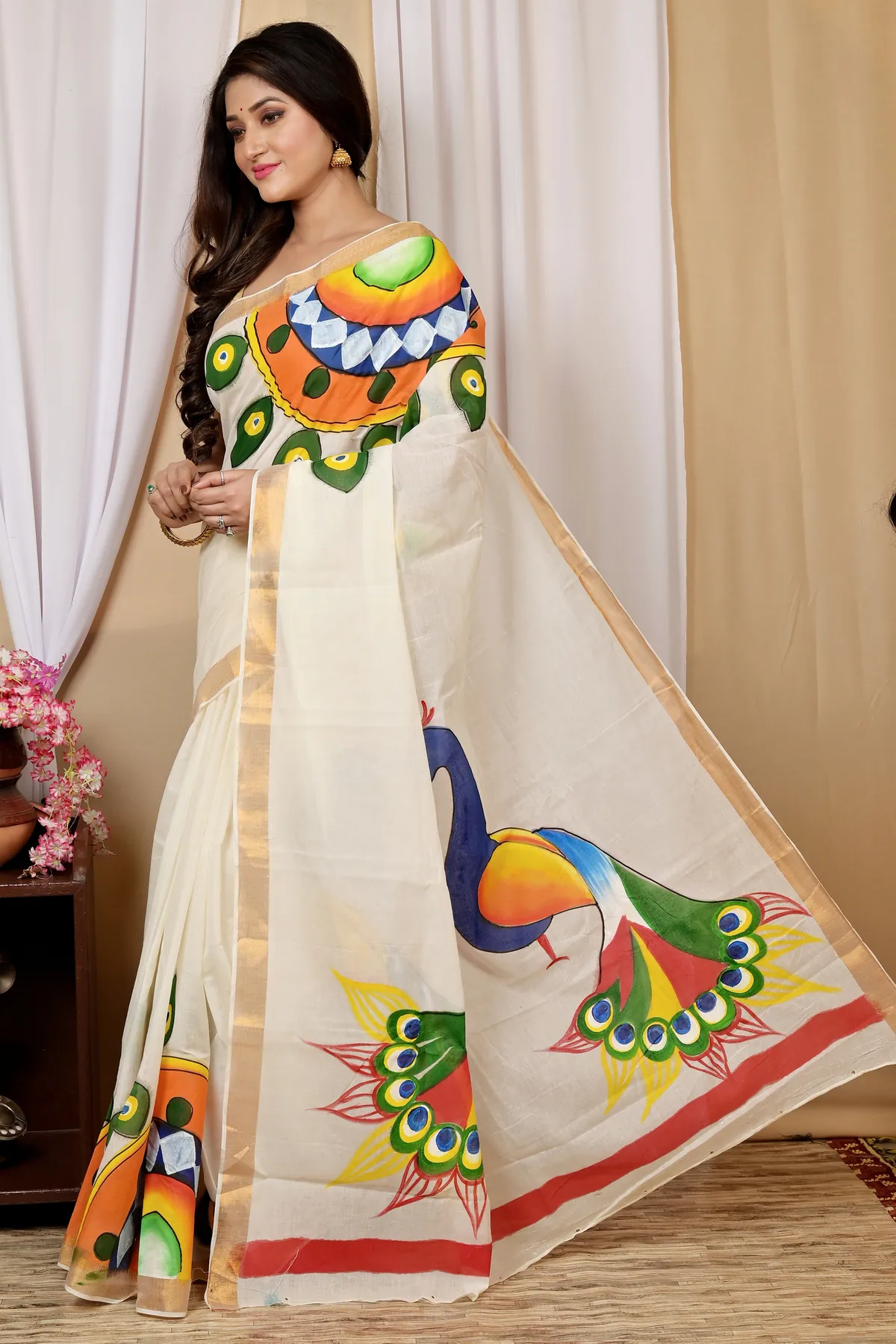 DipDiya Pure Cotton Multi-Coloured Hataka Crafted in Bengal Hand Painted Sarees