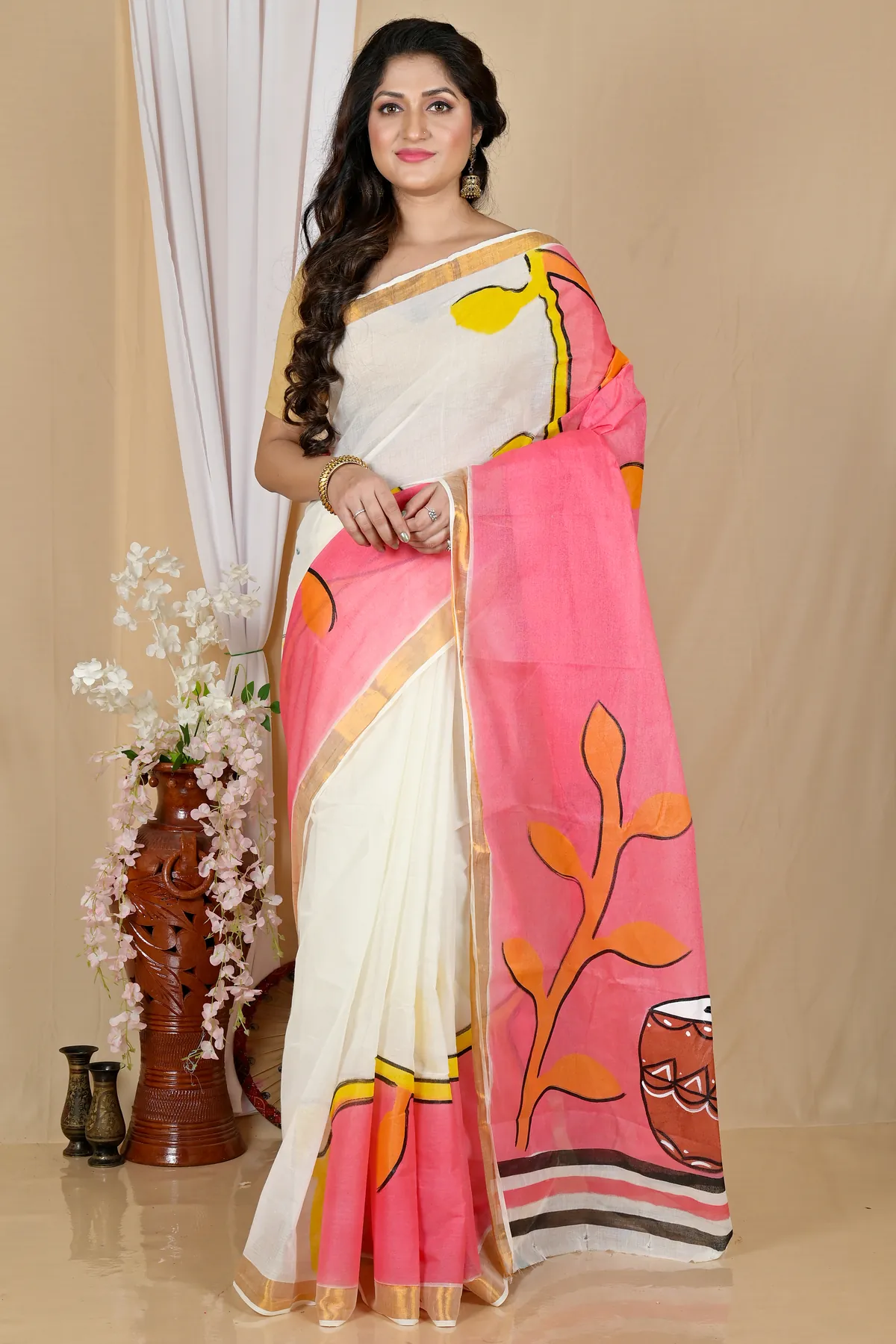 DipDiya Pure Cotton Multi-Coloured Hataka Crafted in Bengals Hand Painted Sarees