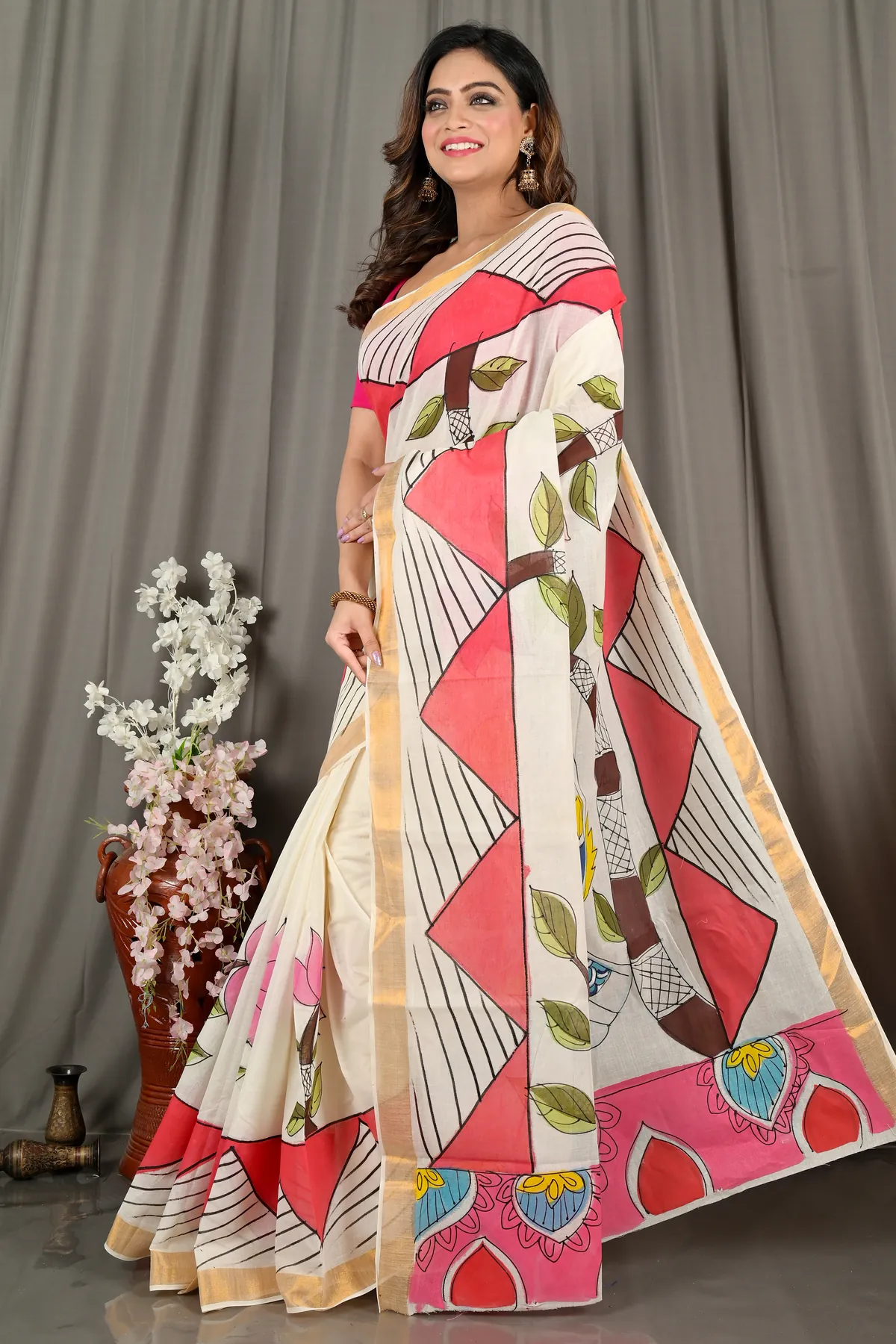 DipDiya Pure Cotton Multi-Coloured Hataka Elegant by Traditions Hand Painted Sarees