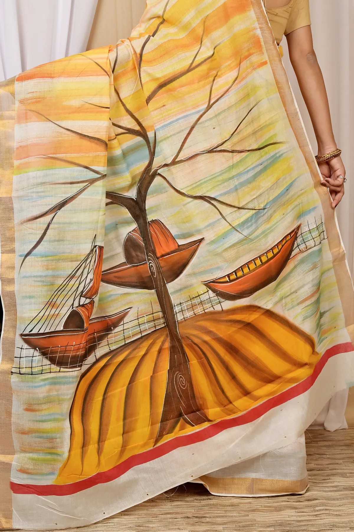 DipDiya Pure Cotton Multi-Coloured Hataka Essence of Bengal Hand Painted Sarees