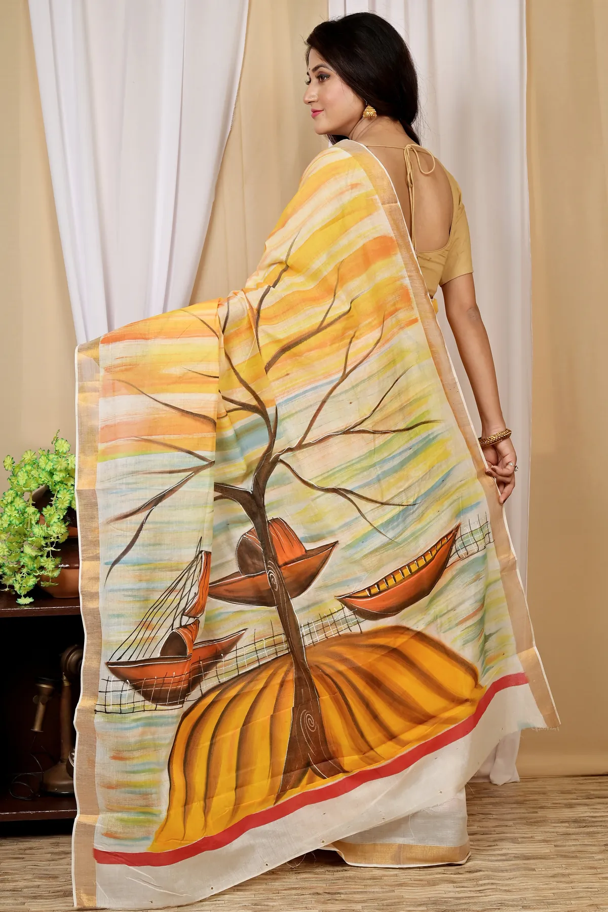 DipDiya Pure Cotton Multi-Coloured Hataka Essence of Bengal Hand Painted Sarees