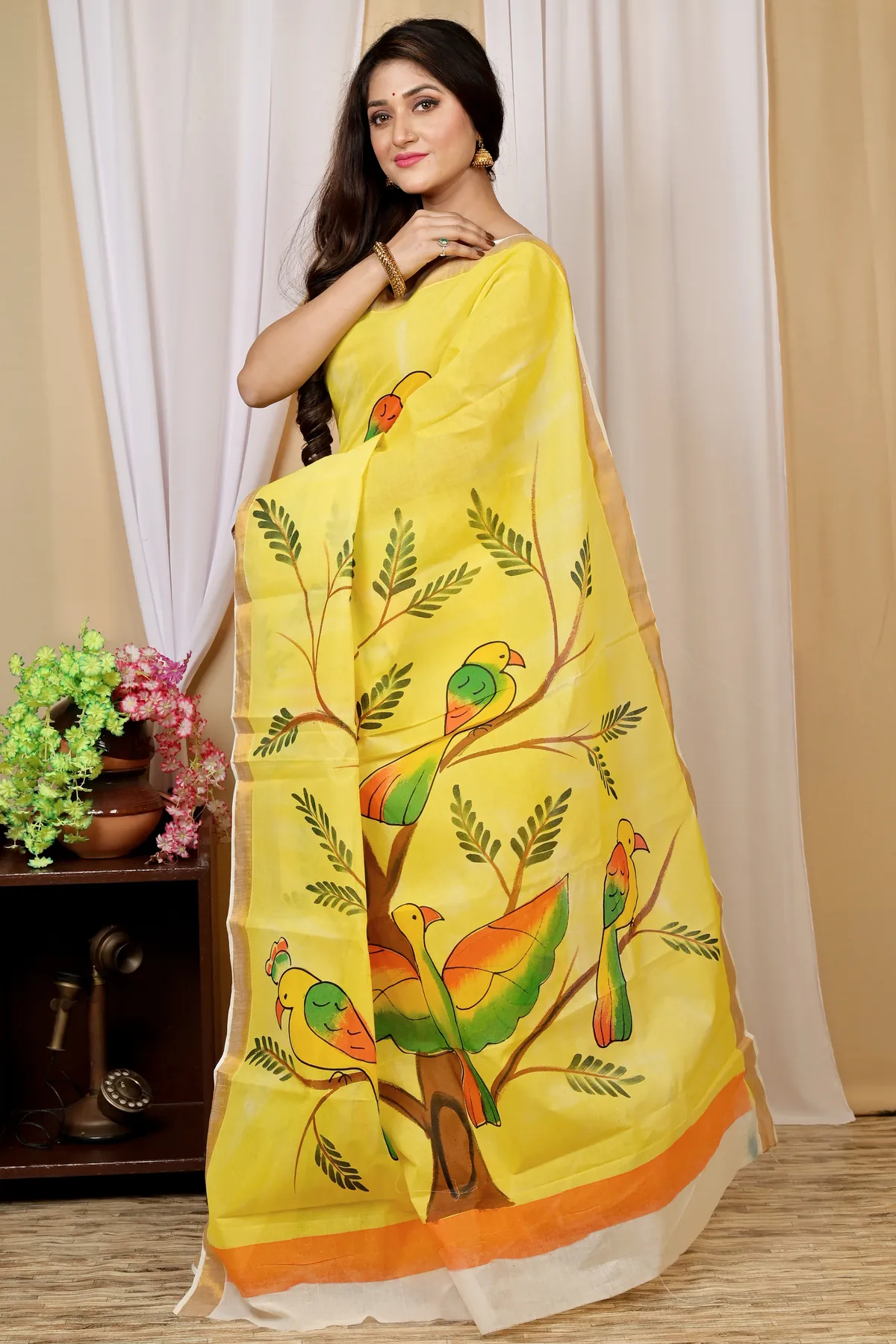 DipDiya Pure Cotton Multi-Coloured Hataka Grace of Bengal Hand Painted Sarees