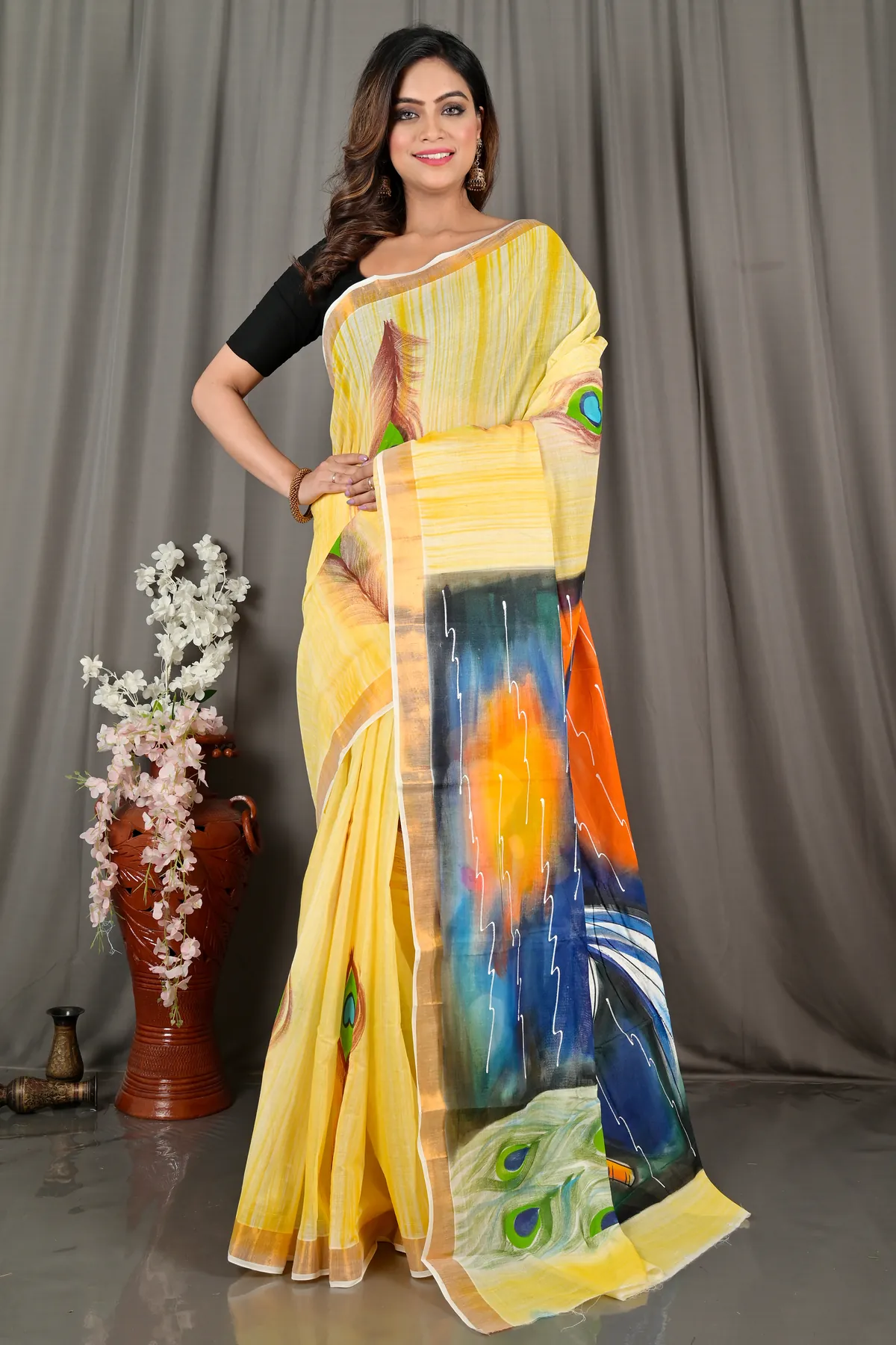 DipDiya Pure Cotton Multi-Coloured Hataka Grace of Bengals Hand Painted Sarees
