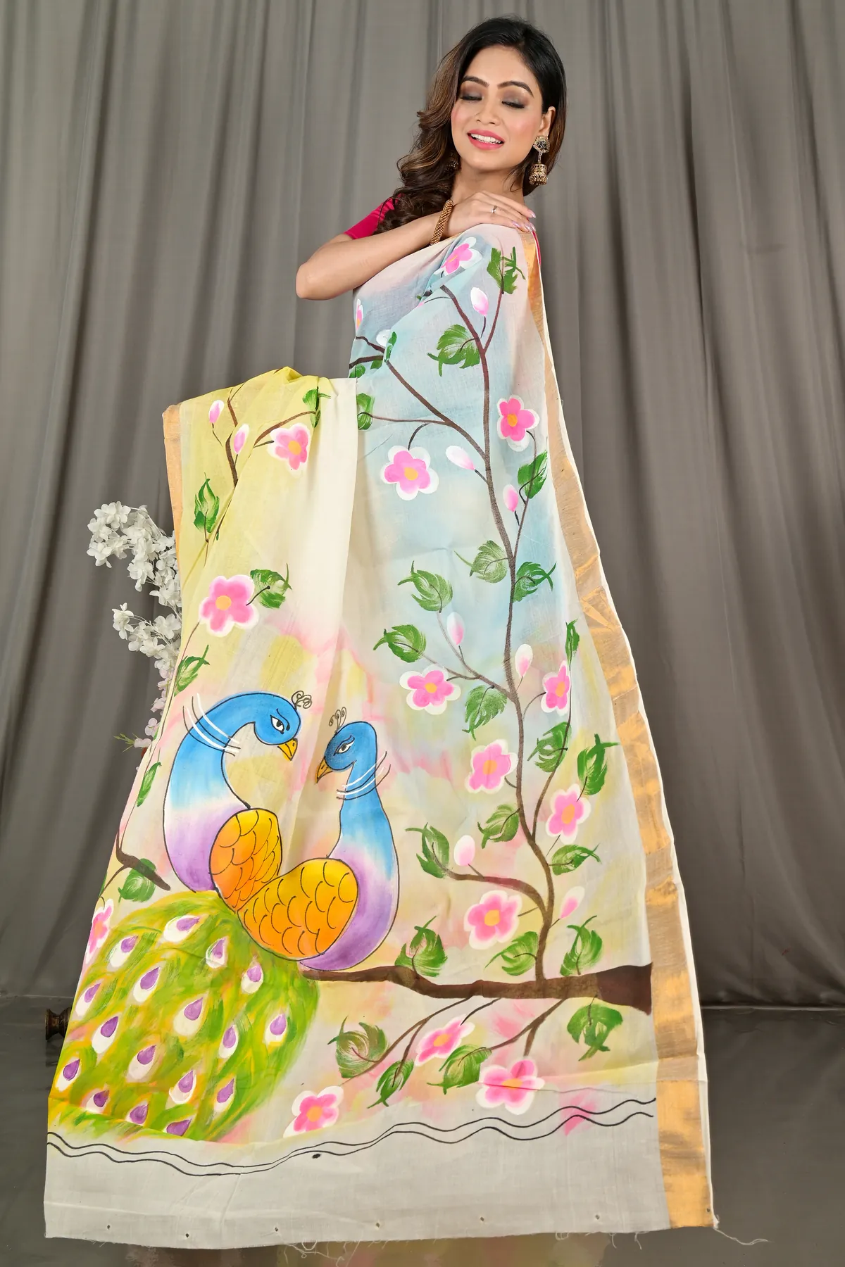DipDiya Pure Cotton Multi-Coloured Hataka Loom to Loves Hand Painted Sarees
