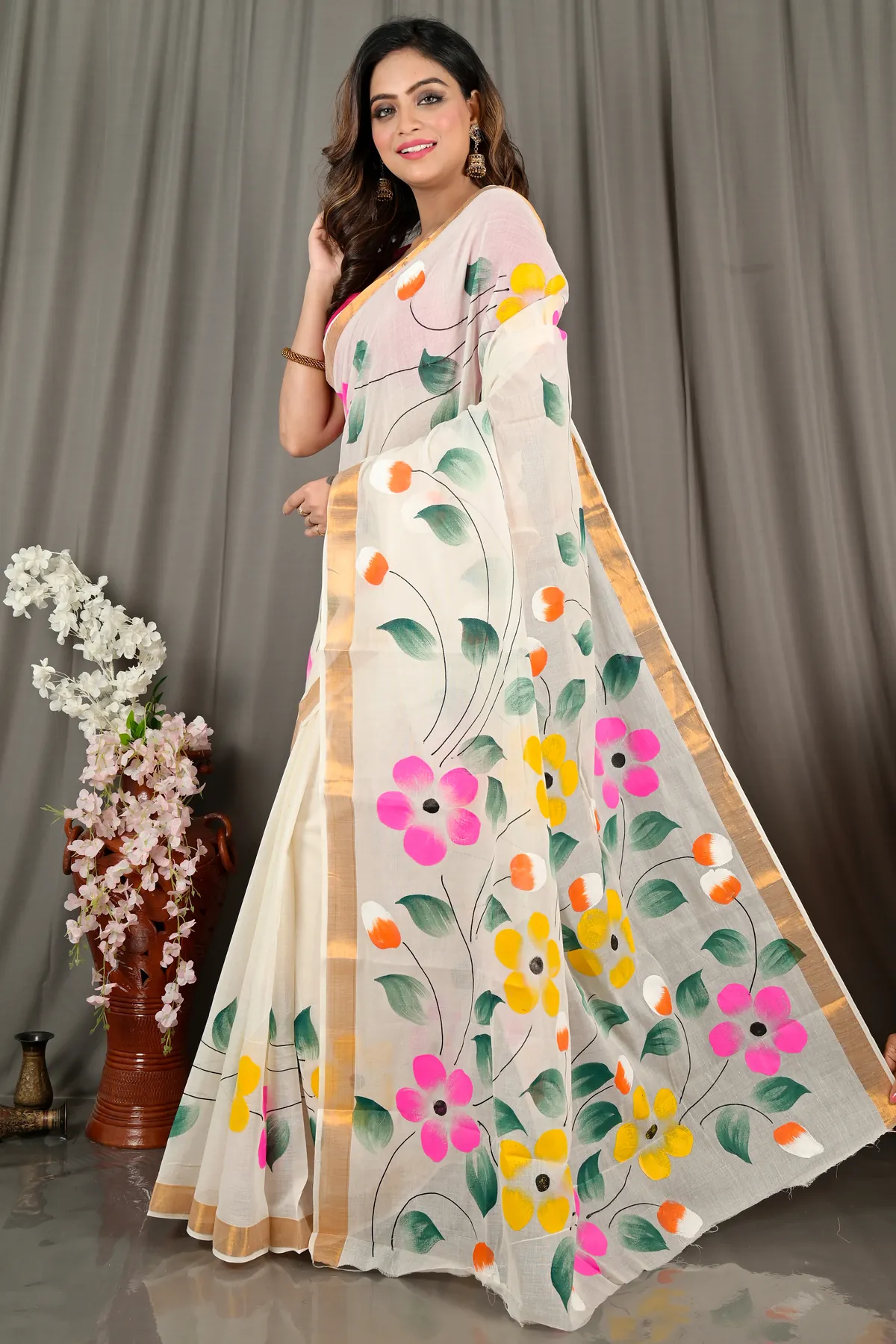 DipDiya Pure Cotton Multi-Coloured Hataka Masterfully Wovens Hand Painted Sarees