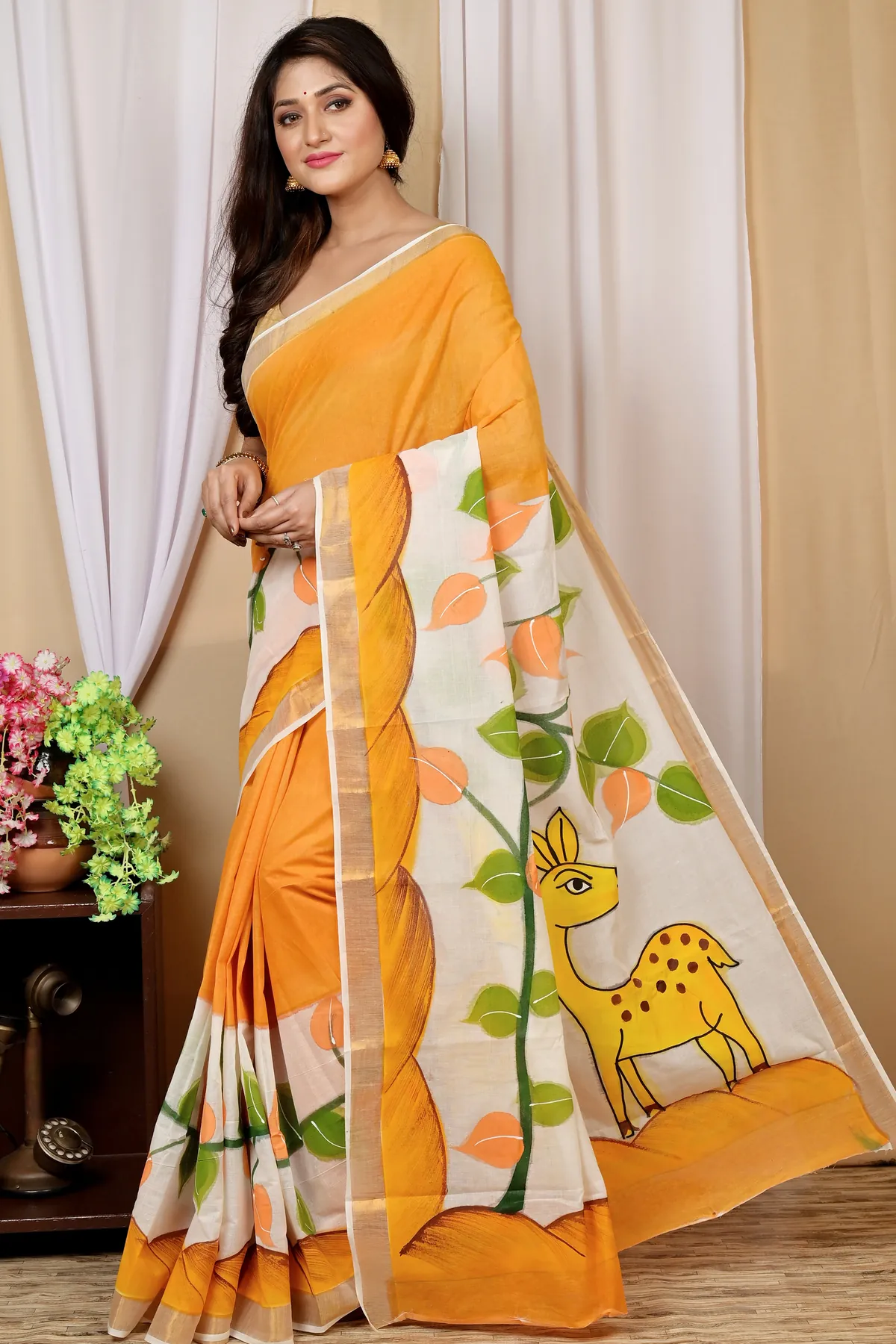 DipDiya Pure Cotton Multi-Coloured Hataka Pure Bengali Grace Hand Painted Sarees