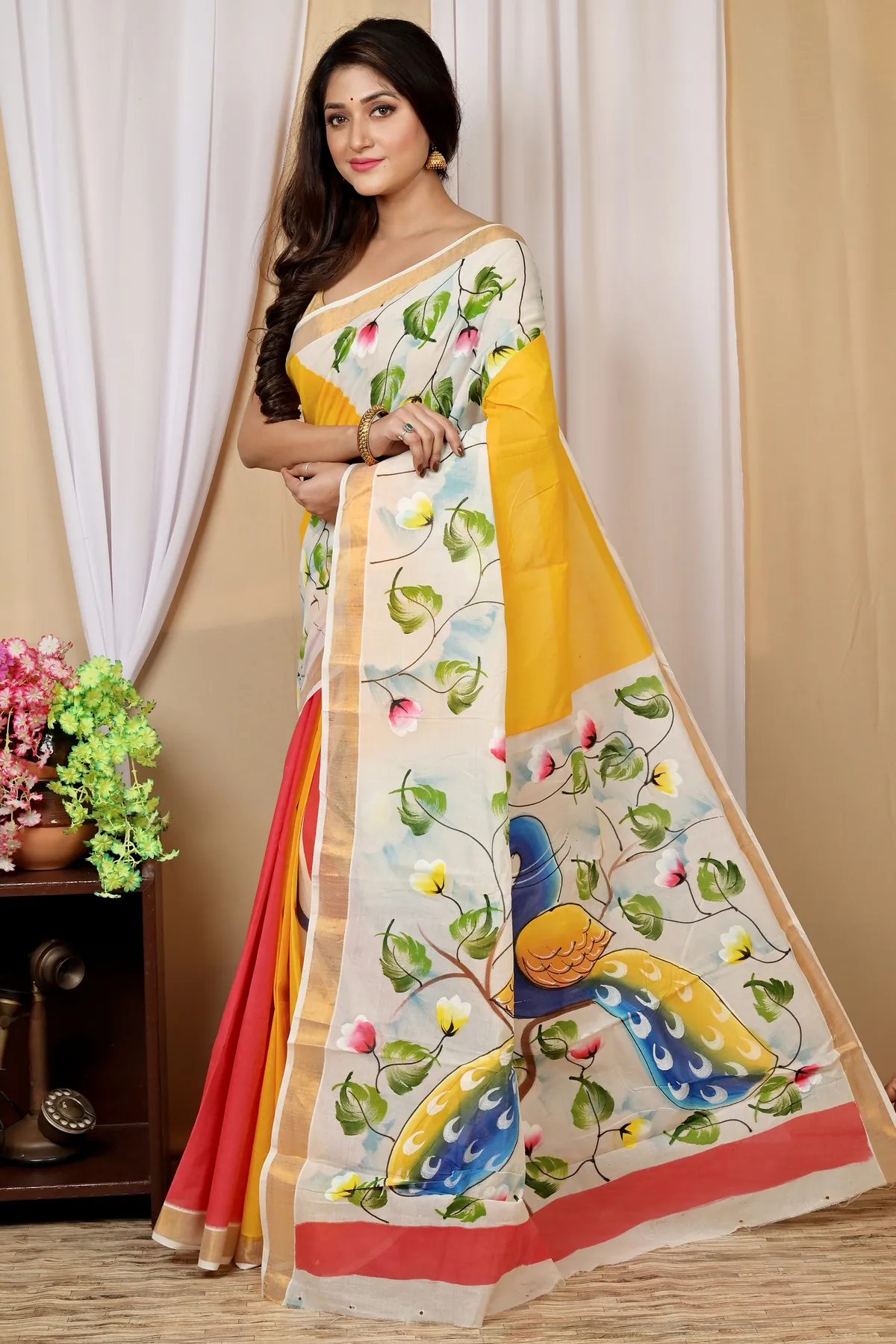 DipDiya Pure Cotton Multi-Coloured Hataka Regal Bengali Hand Painted Sarees