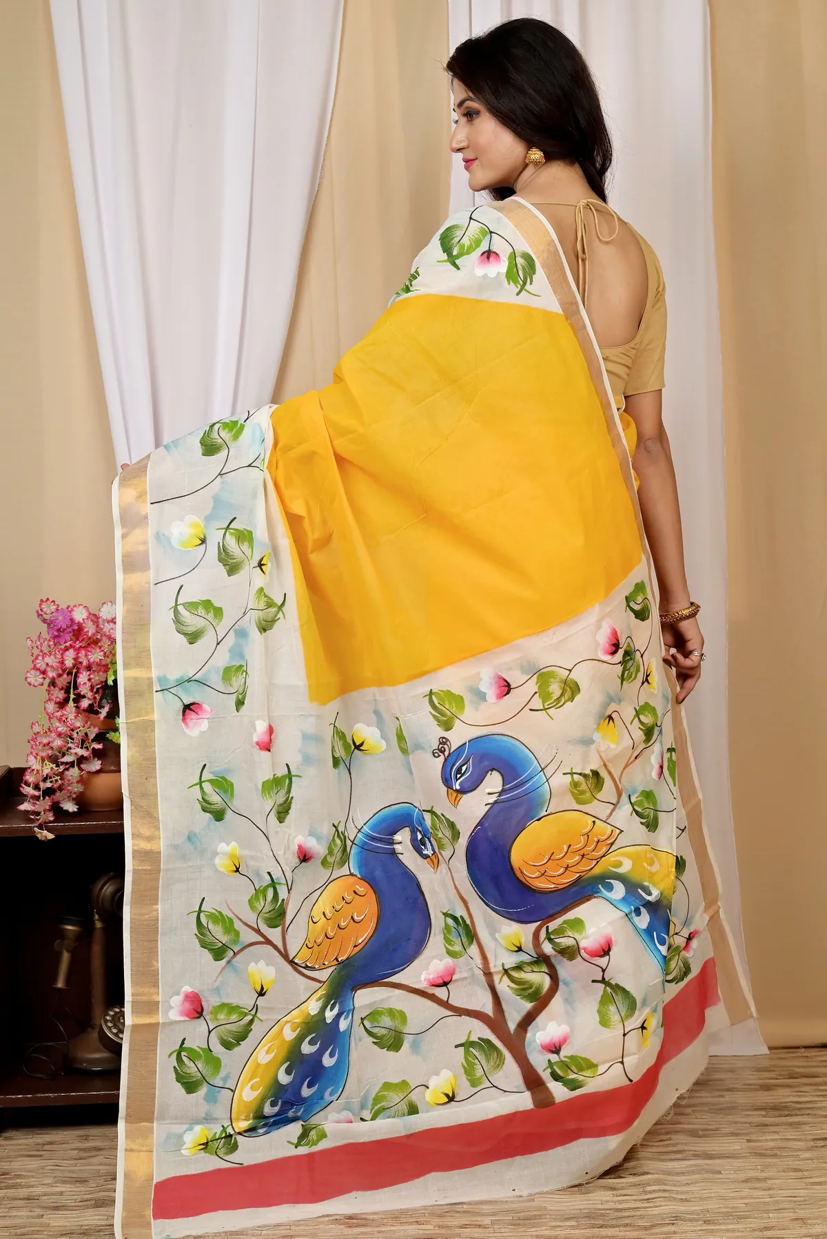 DipDiya Pure Cotton Multi-Coloured Hataka Regal Bengali Hand Painted Sarees
