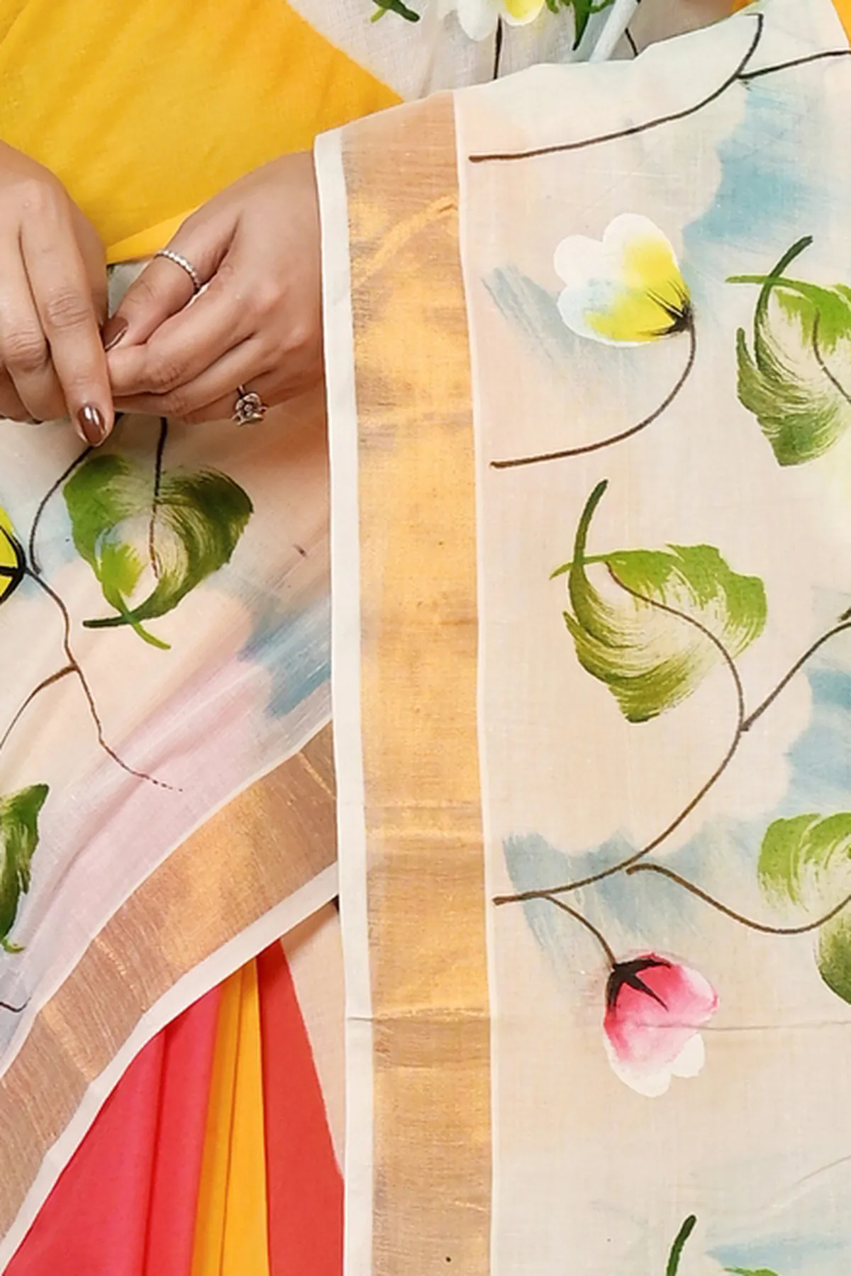 DipDiya Pure Cotton Multi-Coloured Hataka Regal Bengali Hand Painted Sarees