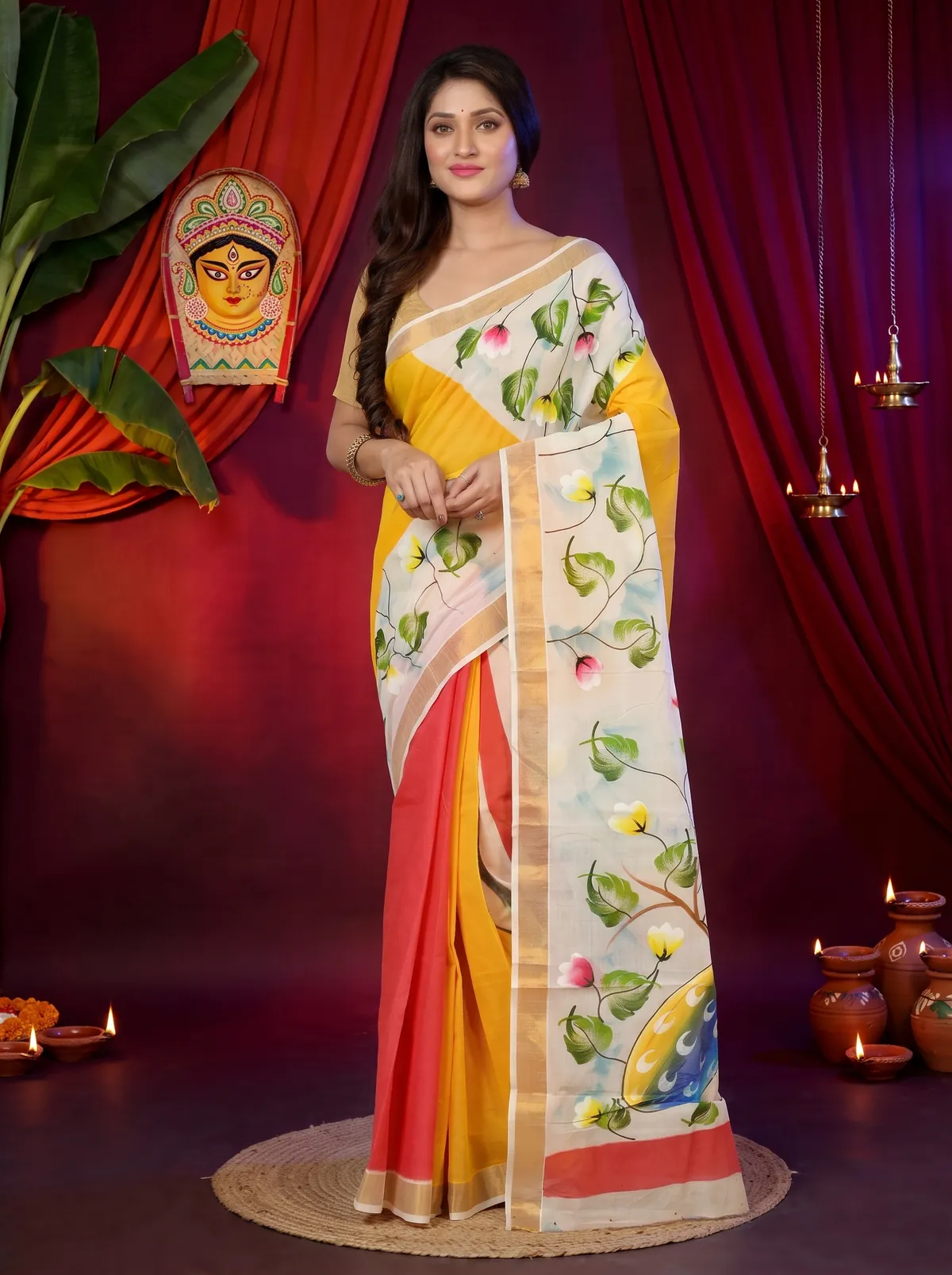 DipDiya Pure Cotton Multi-Coloured Hataka Regal Bengali Hand Painted Sarees