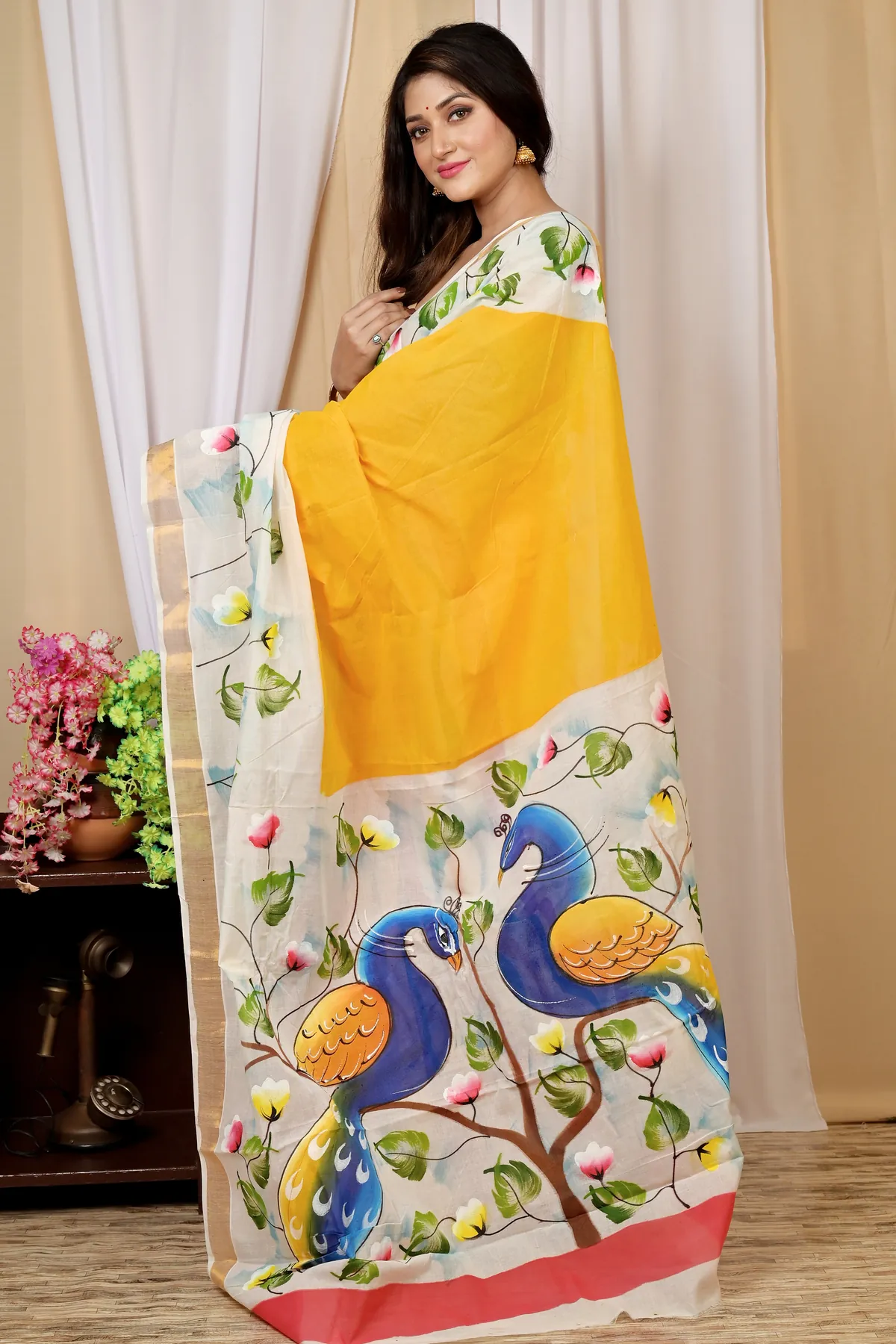 DipDiya Pure Cotton Multi-Coloured Hataka Regal Bengali Hand Painted Sarees