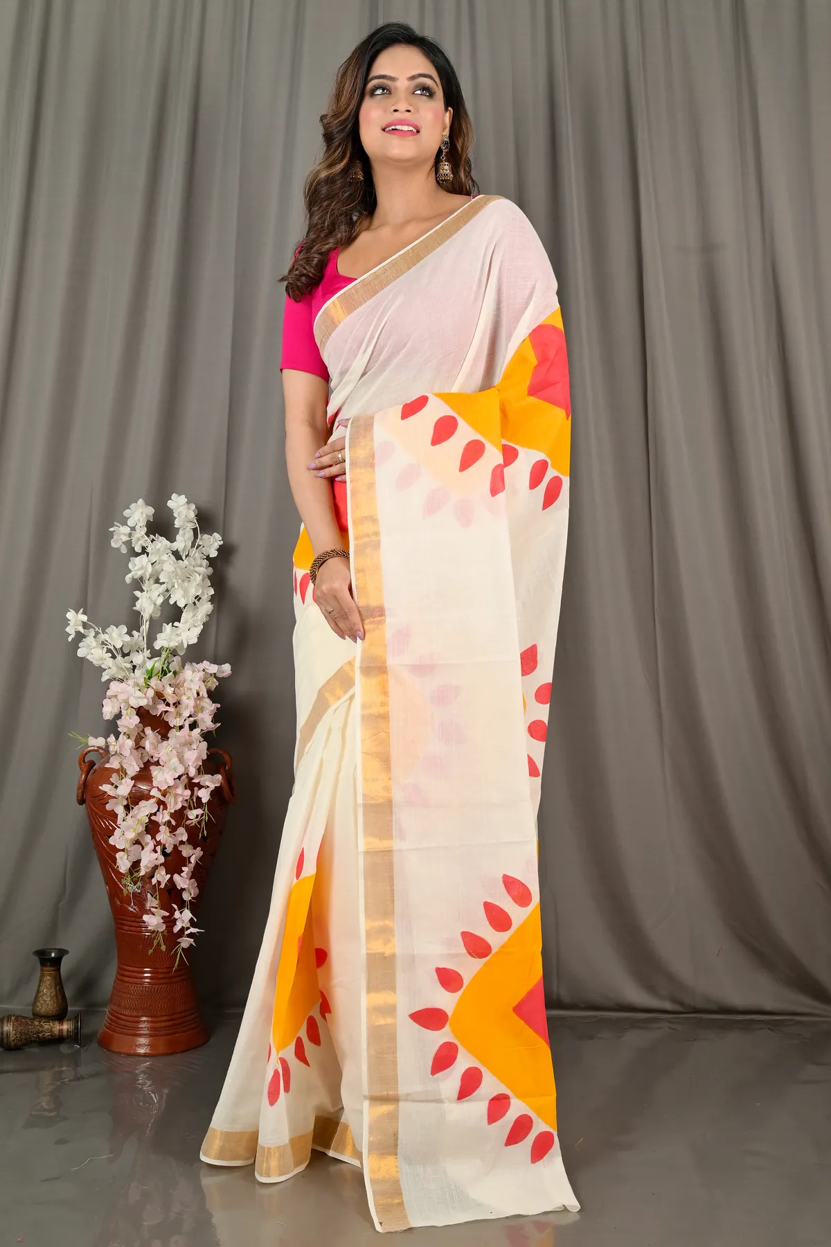 DipDiya Pure Cotton Multi-Coloured Hataka Regal Bengalis Hand Painted Sarees