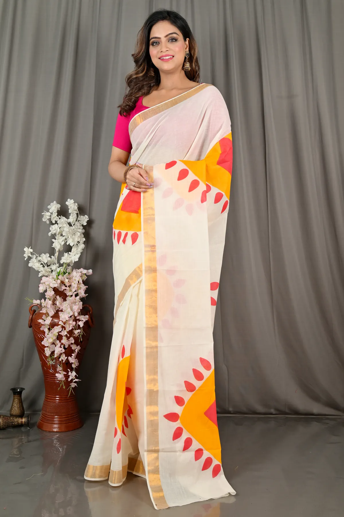 DipDiya Pure Cotton Multi-Coloured Hataka Regal Bengalis Hand Painted Sarees