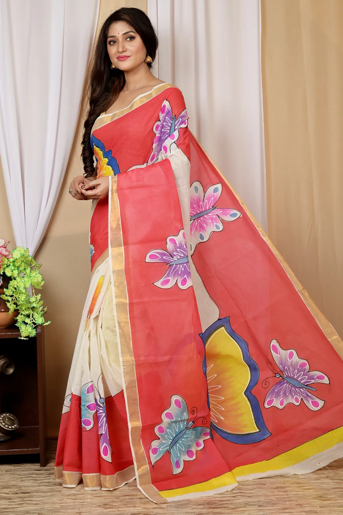DipDiya Pure Cotton Multi-Coloured Hataka Rooted in Bengal Hand Painted Sarees