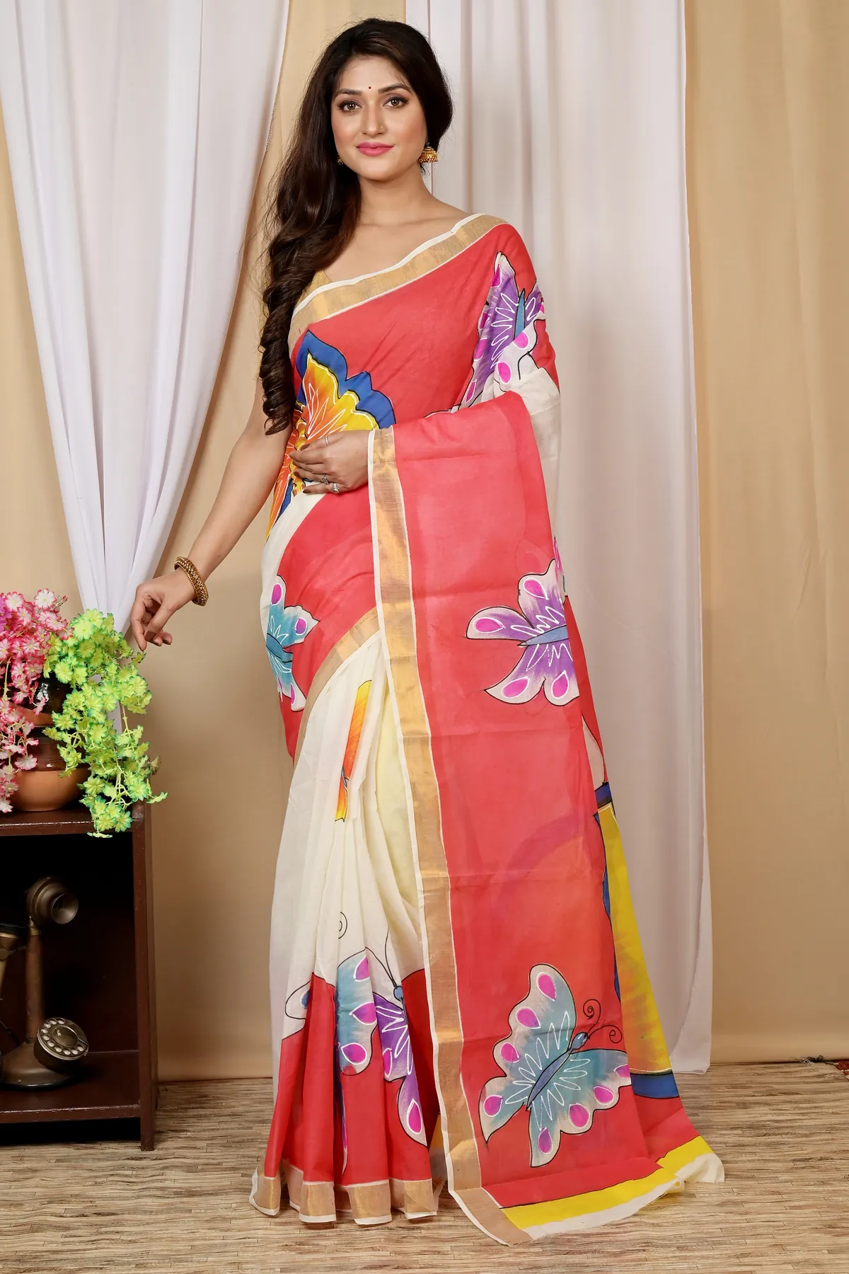 DipDiya Pure Cotton Multi-Coloured Hataka Rooted in Bengal Hand Painted Sarees