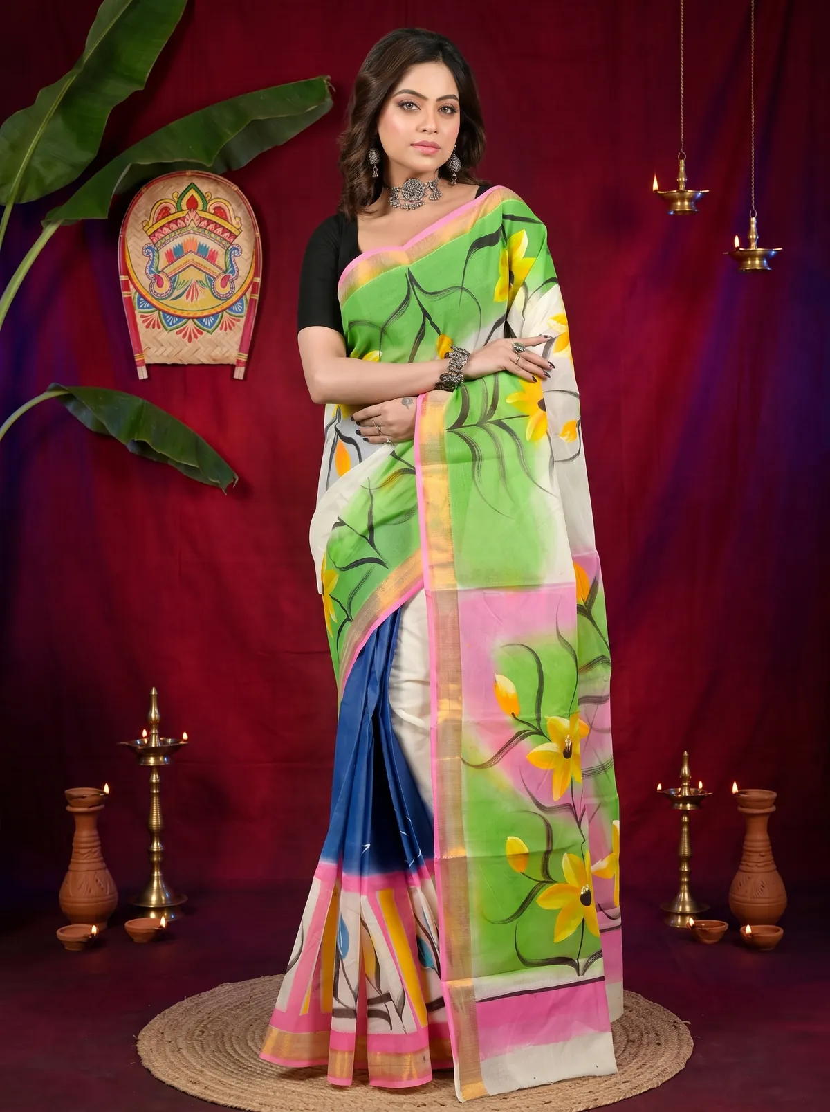 DipDiya Pure Cotton Multi-Coloured Hataka Rooted in Bengals Hand Painted Sarees