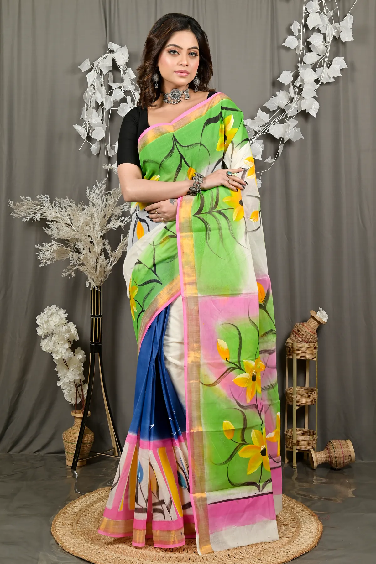 DipDiya Pure Cotton Multi-Coloured Hataka Rooted in Bengals Hand Painted Sarees