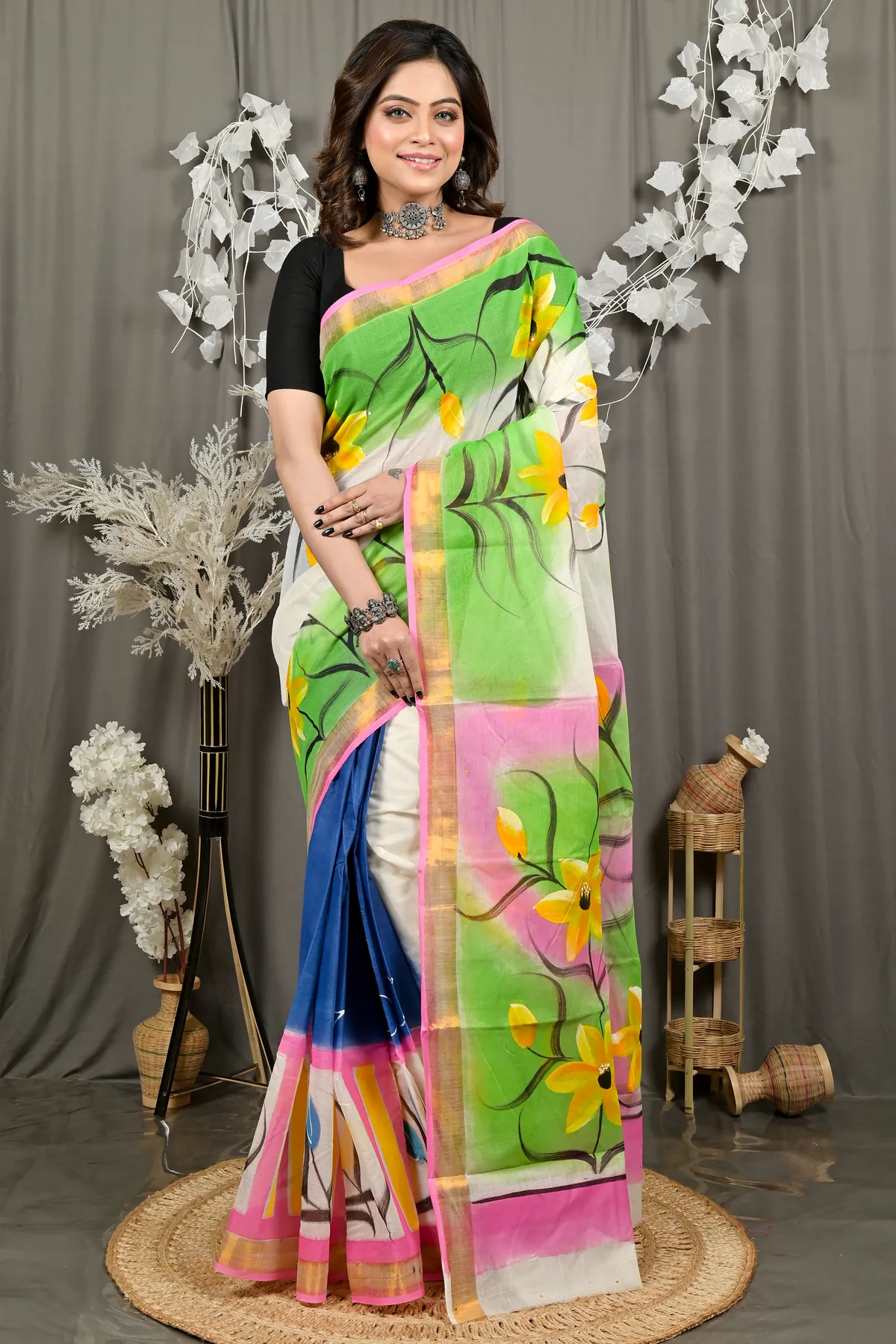 DipDiya Pure Cotton Multi-Coloured Hataka Rooted in Bengals Hand Painted Sarees