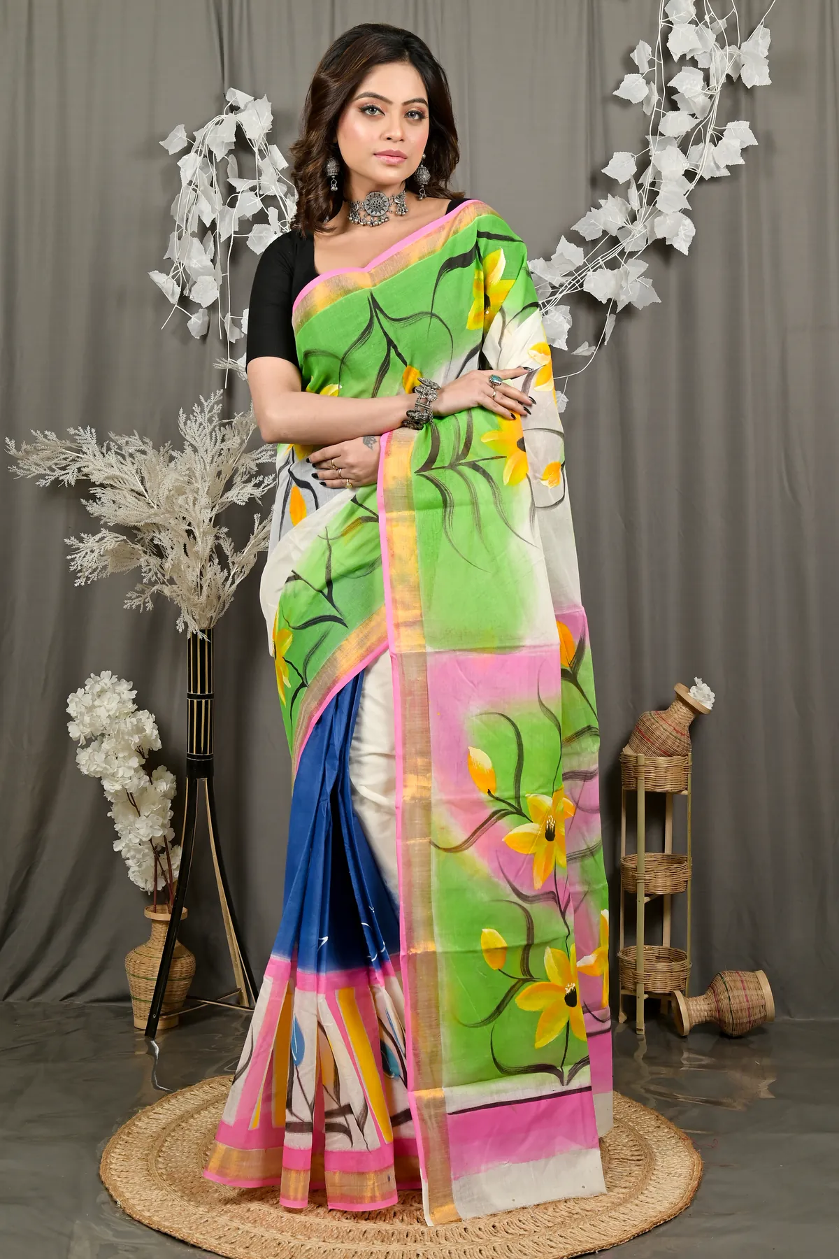 DipDiya Pure Cotton Multi-Coloured Hataka Rooted in Bengals Hand Painted Sarees
