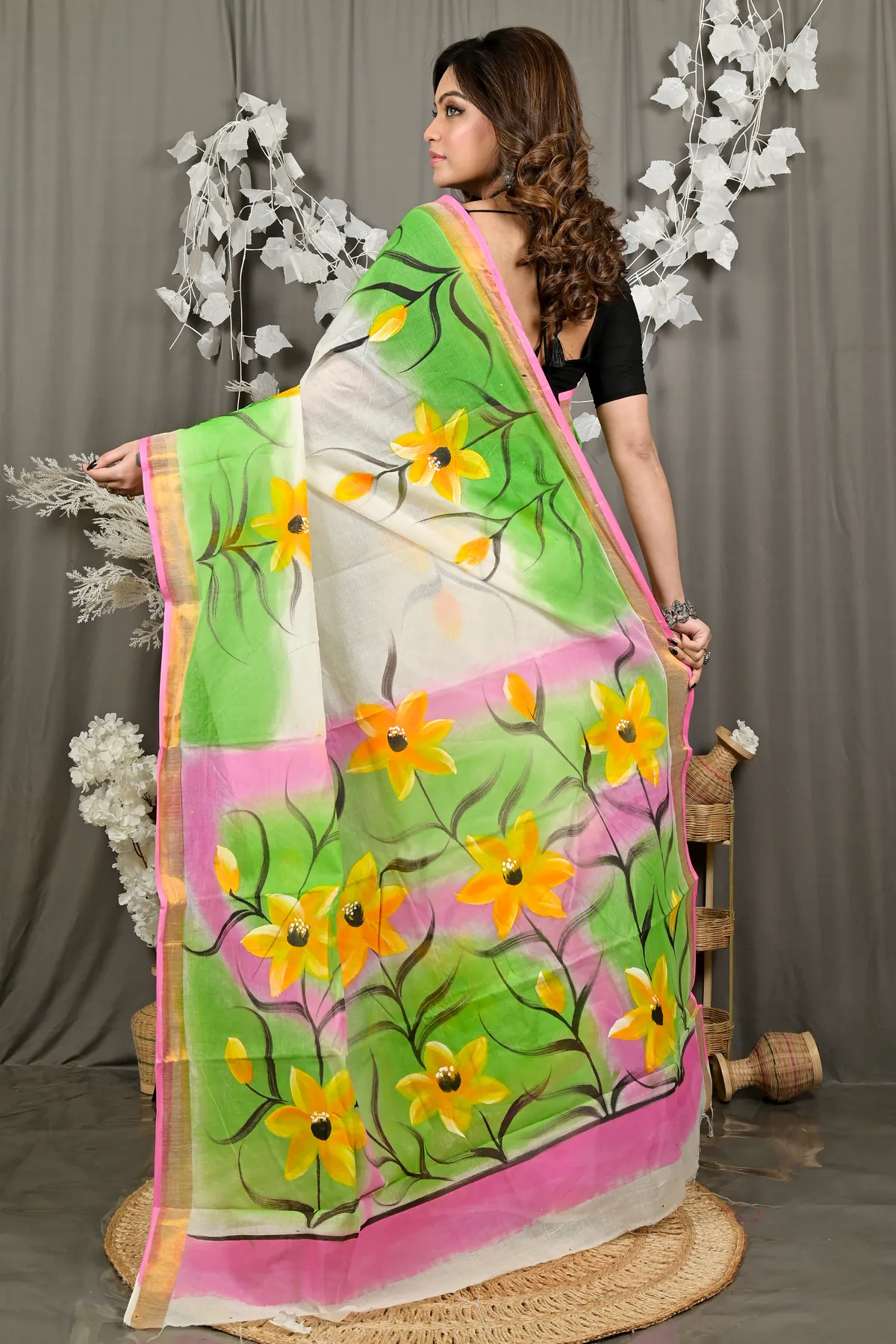 DipDiya Pure Cotton Multi-Coloured Hataka Rooted in Bengals Hand Painted Sarees