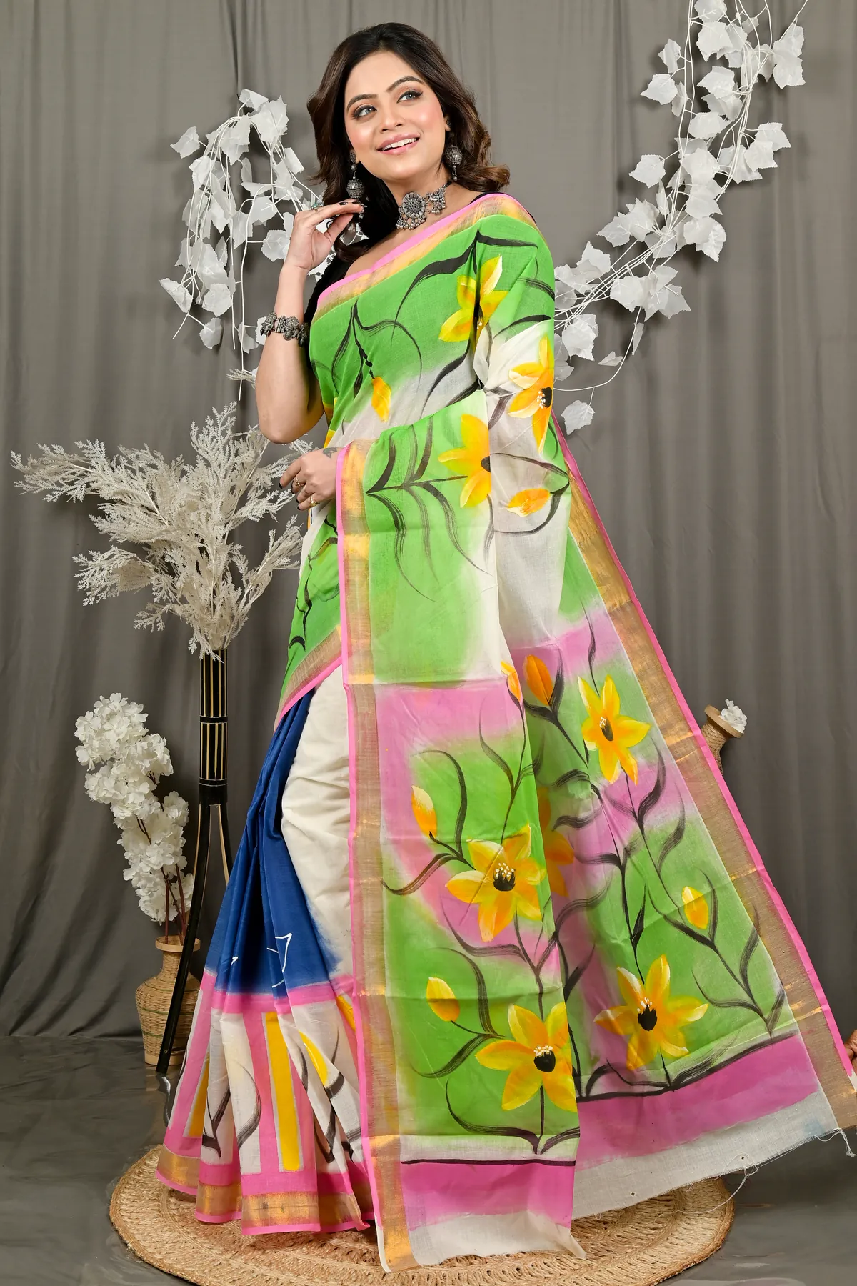 DipDiya Pure Cotton Multi-Coloured Hataka Rooted in Bengals Hand Painted Sarees