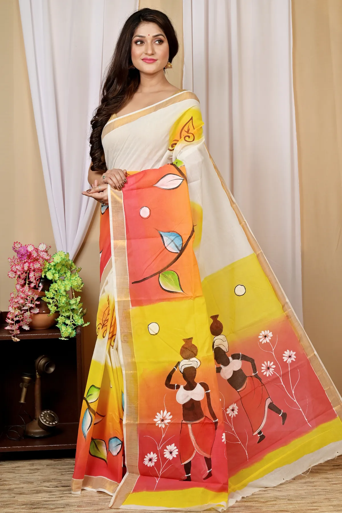 DipDiya Pure Cotton Multi-Coloured Hataka Stories of Bengal Hand Painted Sarees