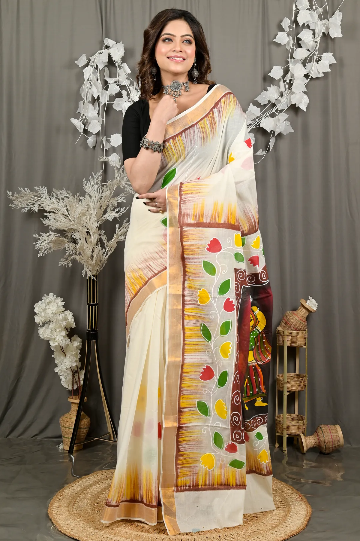 DipDiya Pure Cotton Multi-Coloured Hataka Stories of Bengals Hand Painted Sarees