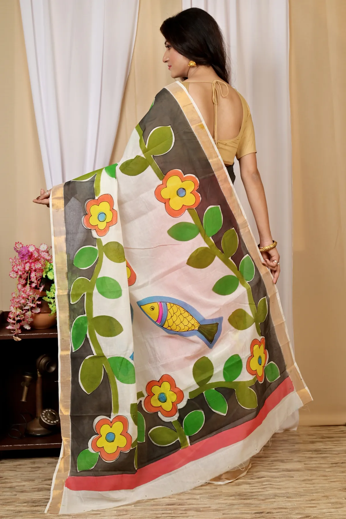 DipDiya Pure Cotton Multi-Coloured Hataka The Bengali Classic Hand Painted Sarees