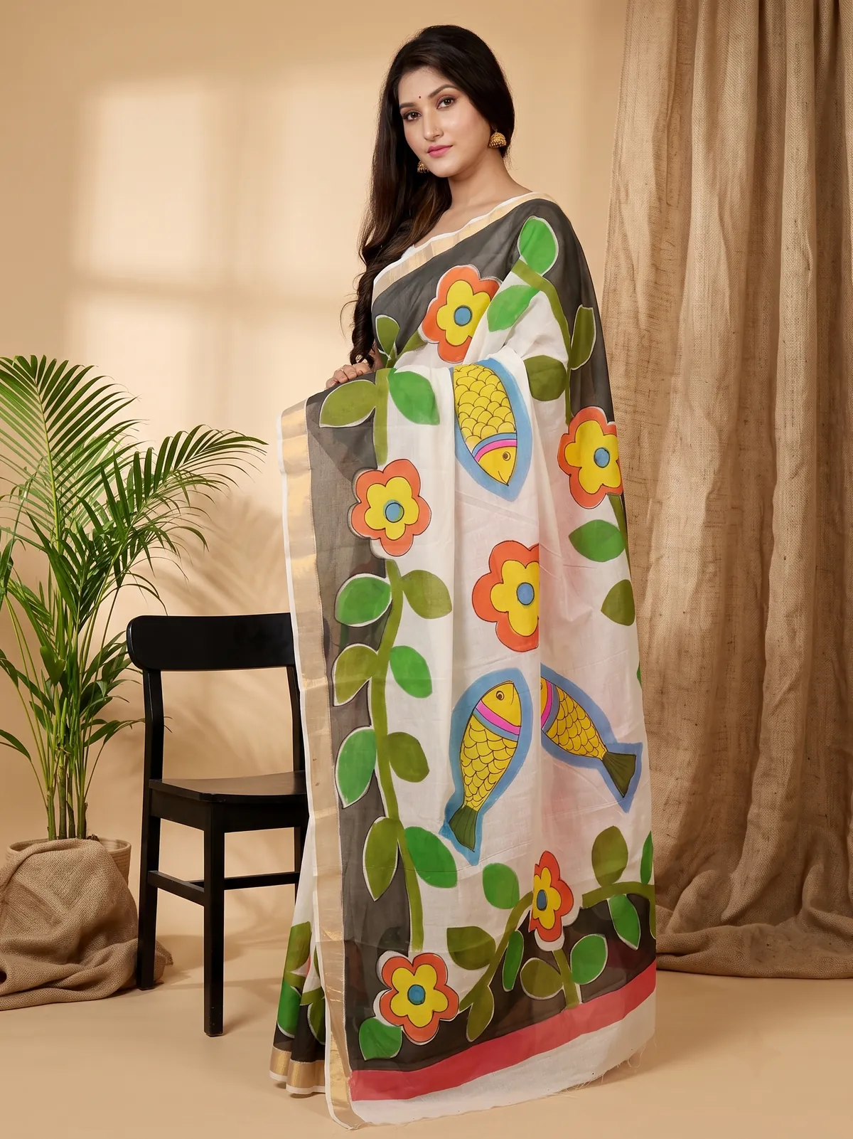DipDiya Pure Cotton Multi-Coloured Hataka The Bengali Classic Hand Painted Sarees