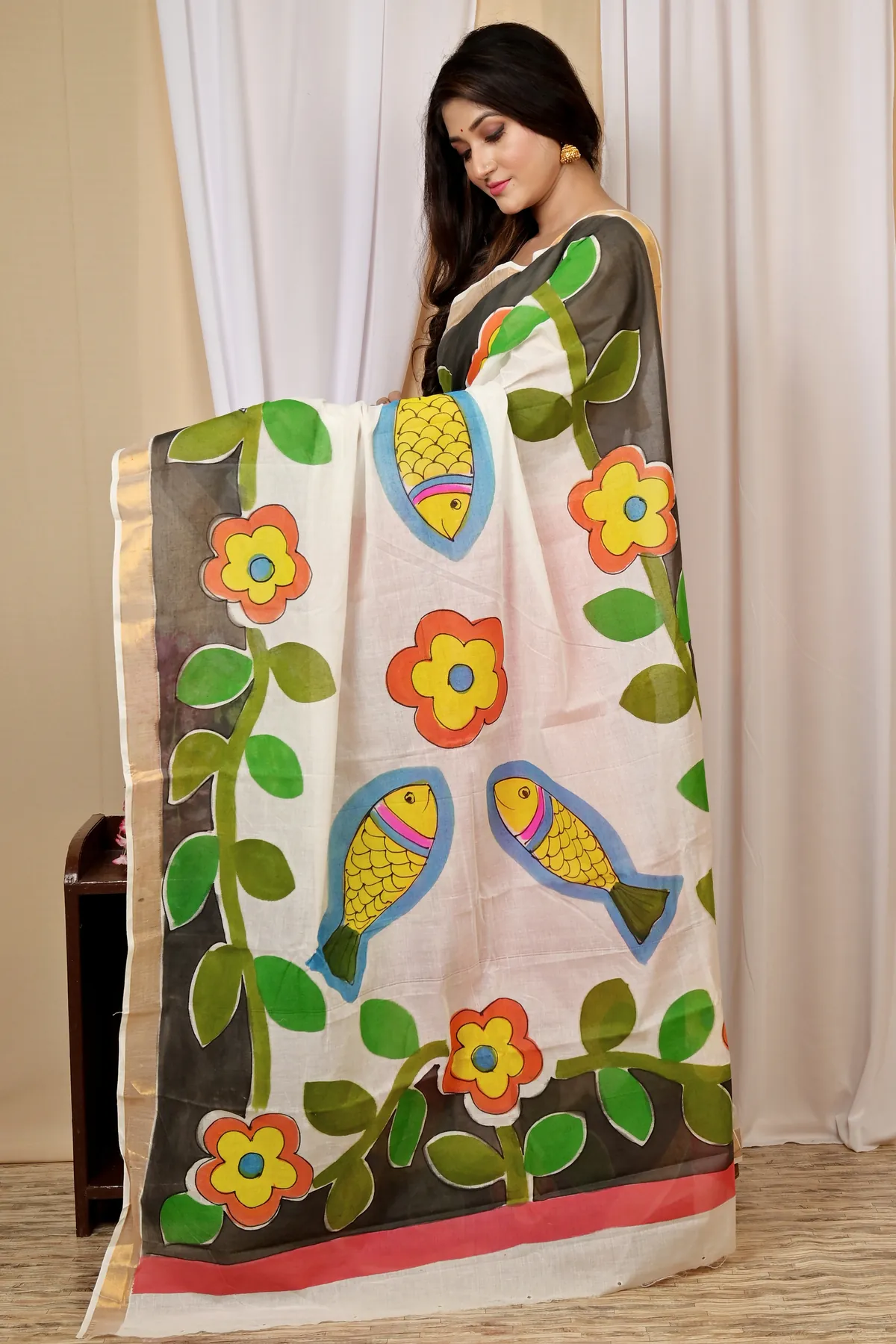 DipDiya Pure Cotton Multi-Coloured Hataka The Bengali Classic Hand Painted Sarees