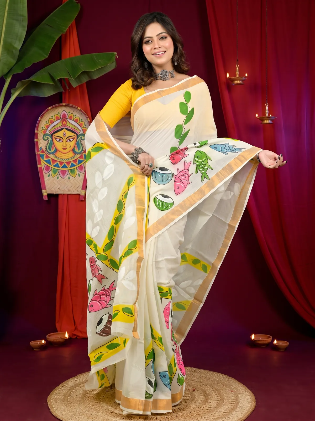 DipDiya Pure Cotton Multi-Coloured Hataka Threads of Traditions Hand Painted Sarees
