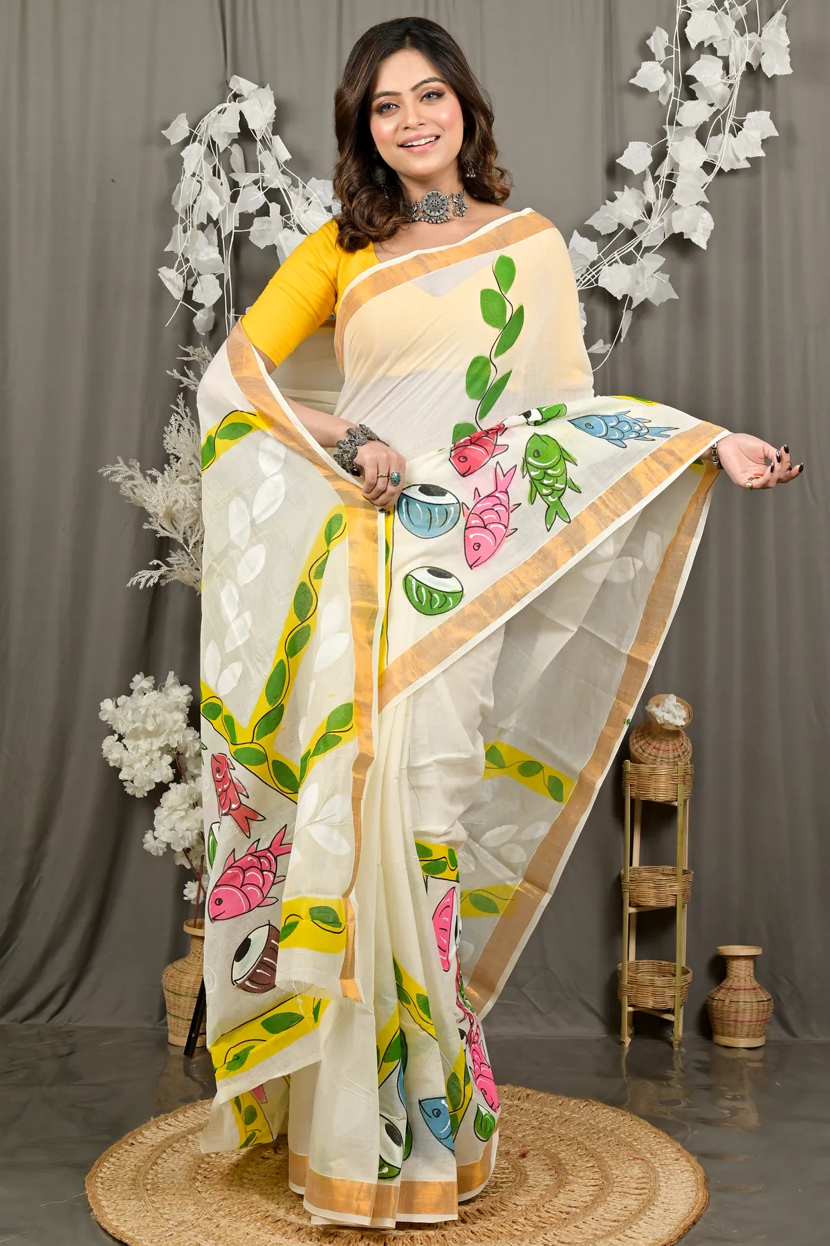 DipDiya Pure Cotton Multi-Coloured Hataka Threads of Traditions Hand Painted Sarees