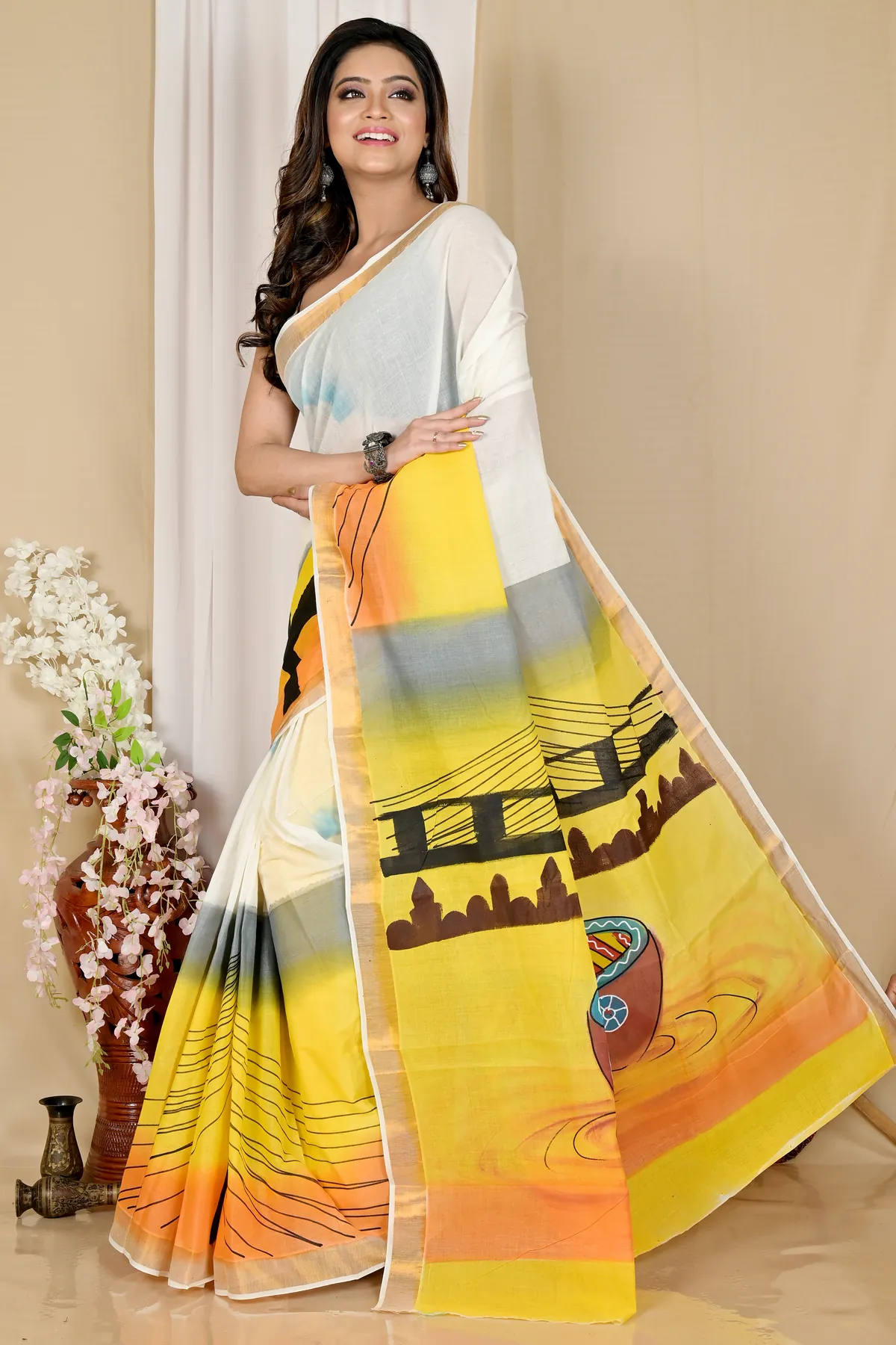 DipDiya Pure Cotton Multi-Coloured Hataka Timeless Bengal Hand Painted Sarees
