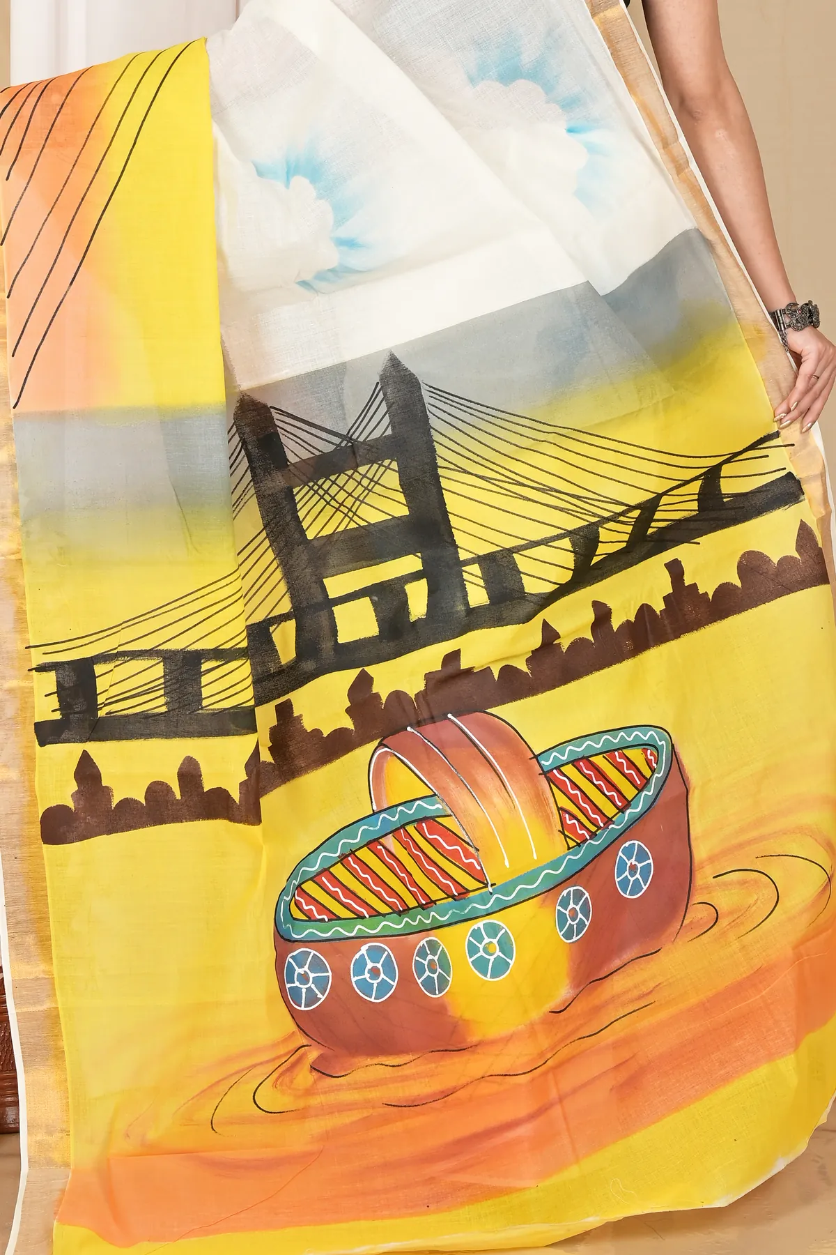 DipDiya Pure Cotton Multi-Coloured Hataka Timeless Bengal Hand Painted Sarees
