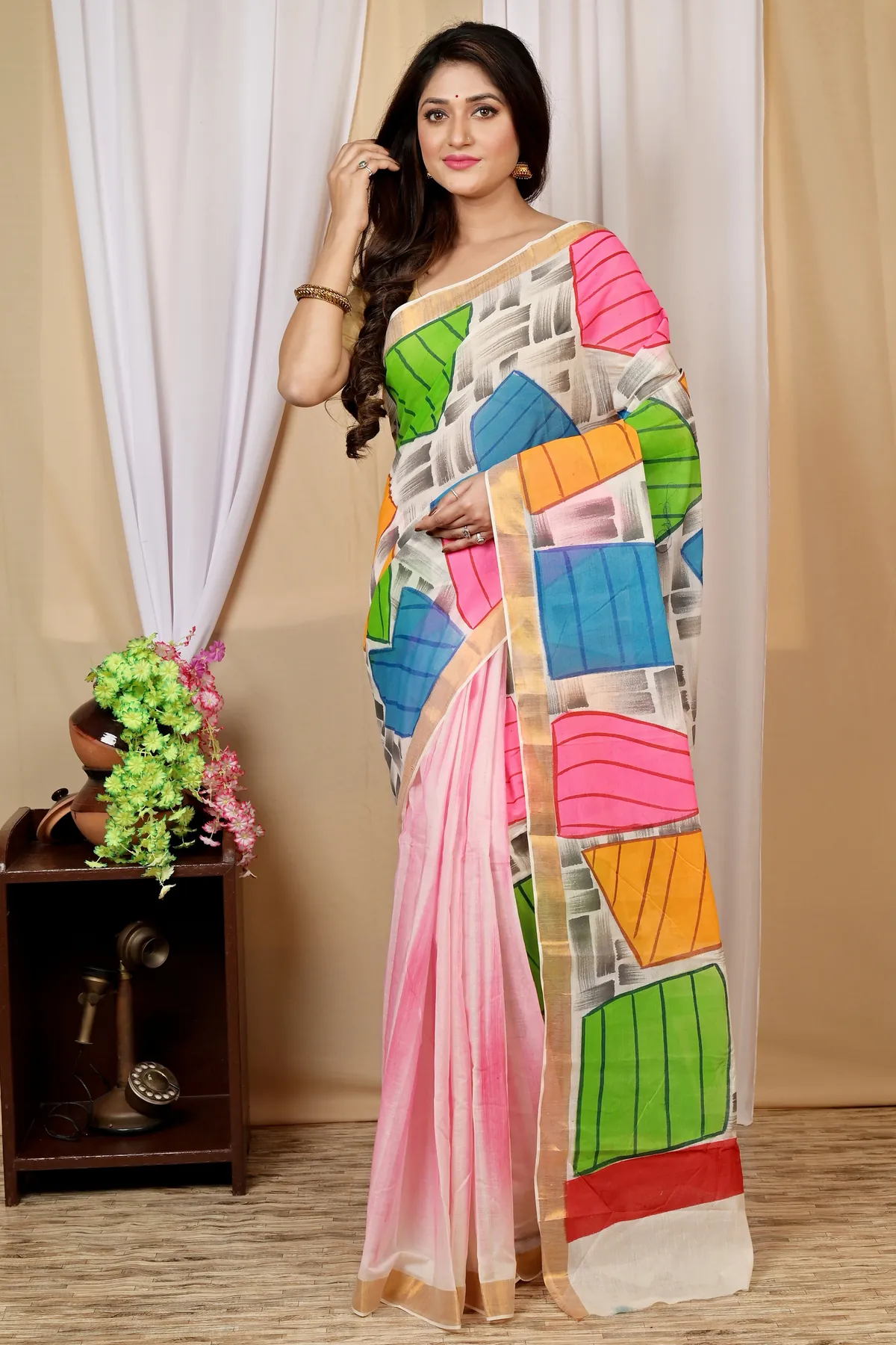 DipDiya Pure Cotton Multi-Coloured Hataka Traditional Bengali Hand Painted Sarees