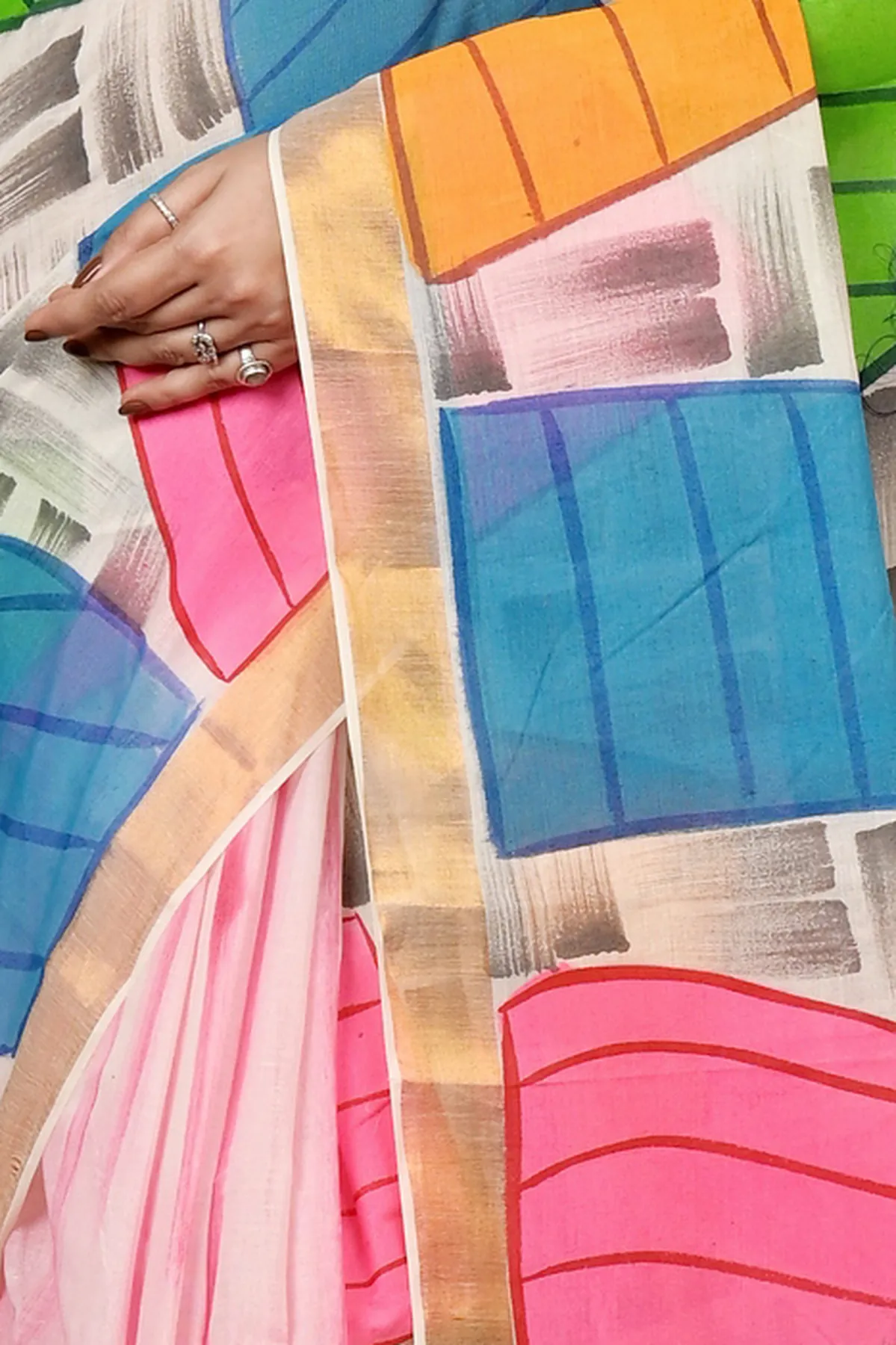 DipDiya Pure Cotton Multi-Coloured Hataka Traditional Bengali Hand Painted Sarees