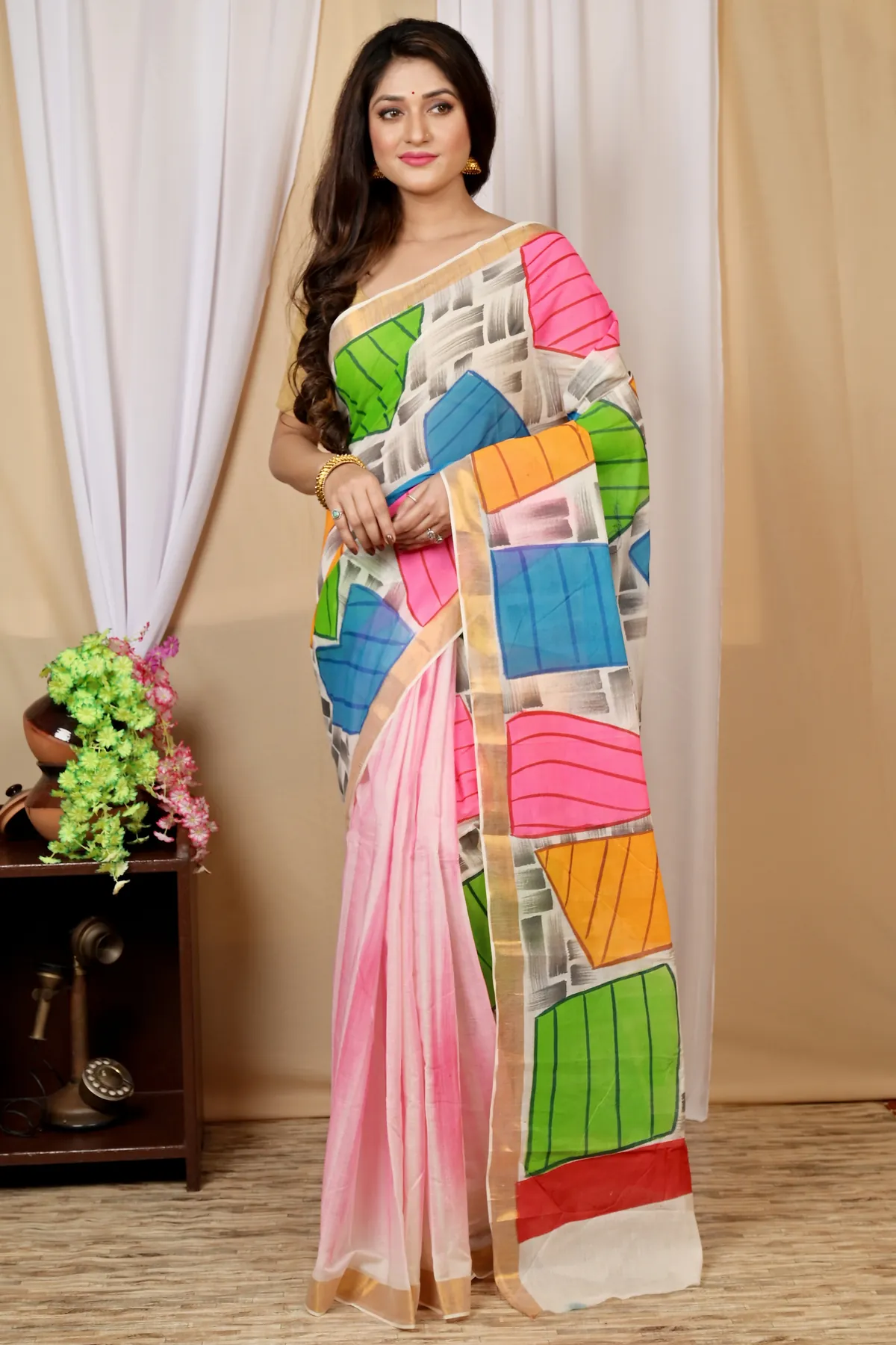 DipDiya Pure Cotton Multi-Coloured Hataka Traditional Bengali Hand Painted Sarees
