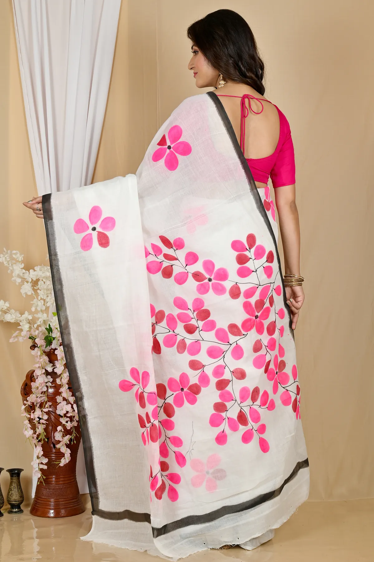 DipDiya Pure Cotton Multi-Coloured Hataka Traditional Bengalis Hand Painted Sarees