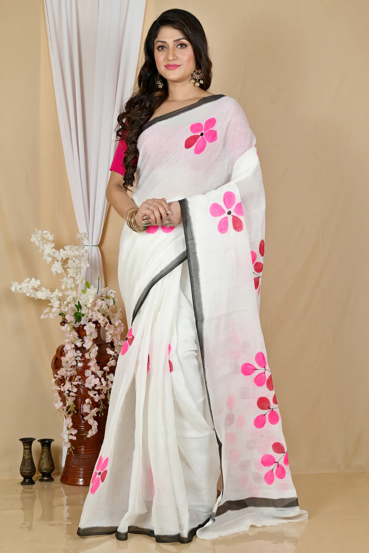 DipDiya Pure Cotton Multi-Coloured Hataka Traditional Bengalis Hand Painted Sarees