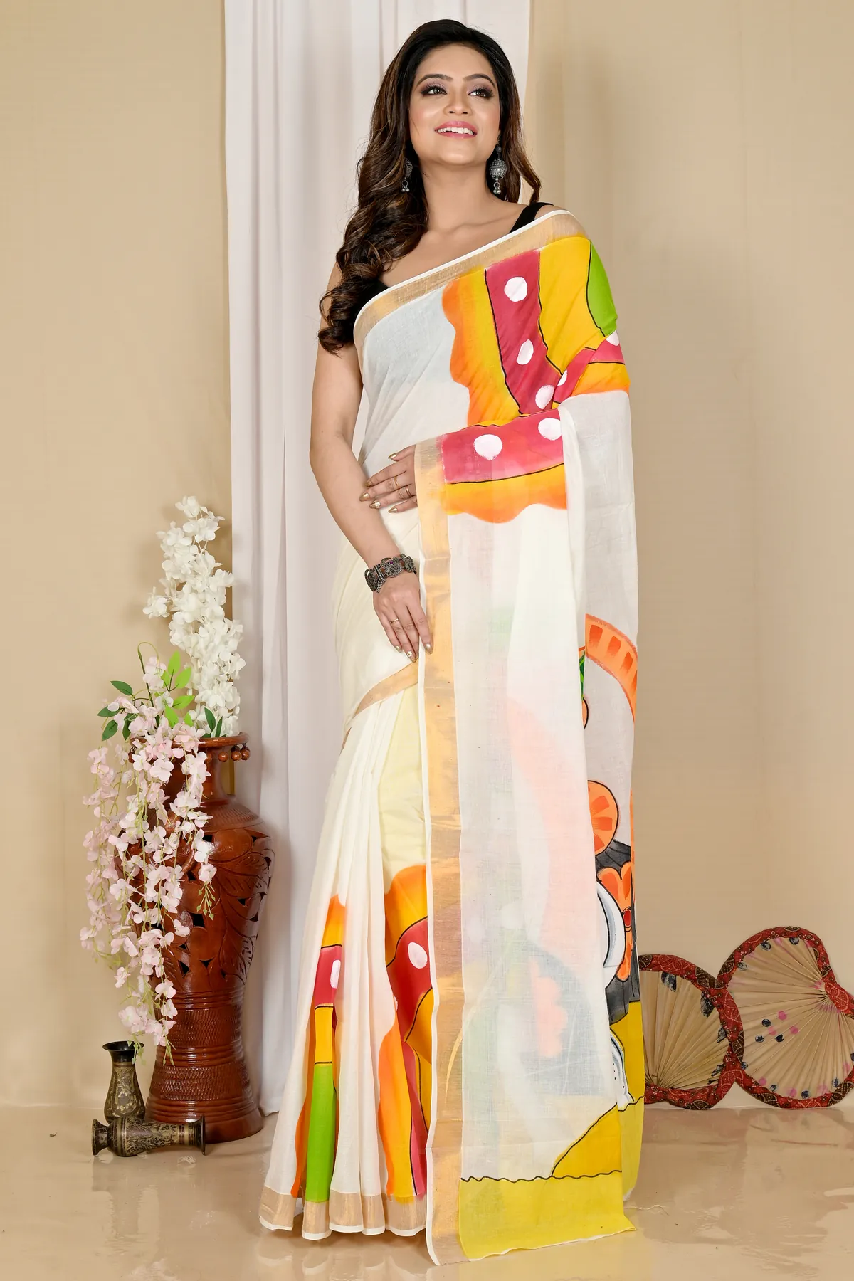 DipDiya Pure Cotton Multi-Coloured Hataka Traditional Elegance Hand Painted Sarees