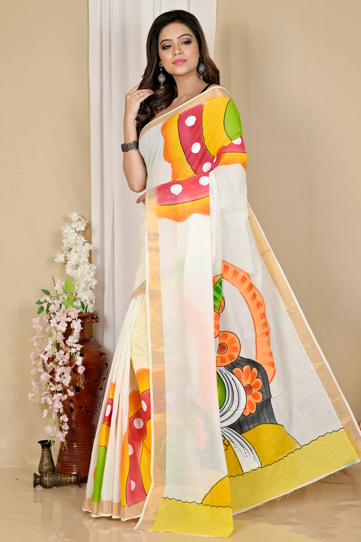 DipDiya Pure Cotton Multi-Coloured Hataka Traditional Elegance Hand Painted Sarees